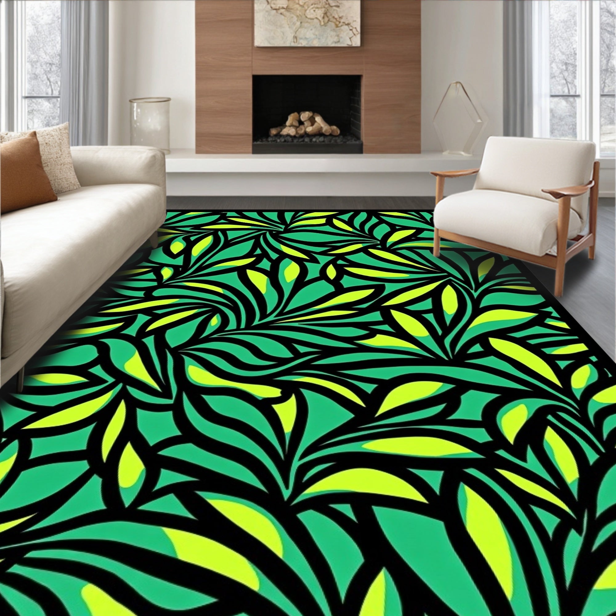 Lush Green and Yellow Abstract Swirls Rug