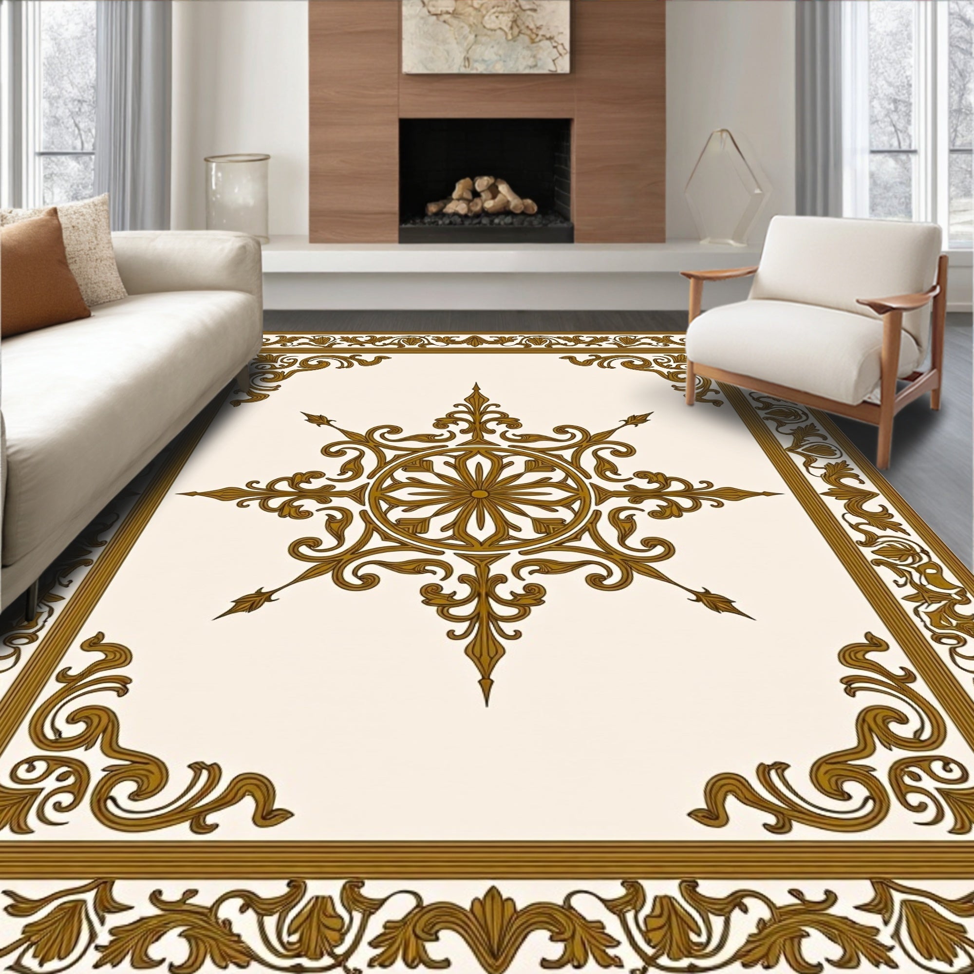 Ornate Gold Floral Medallion Rug