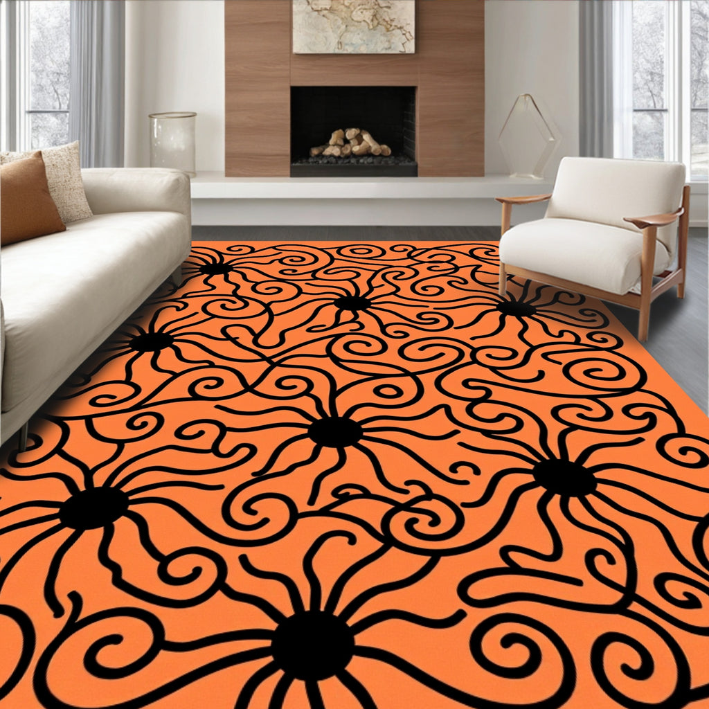 Orange Black Swirling Flower Pattern Rug