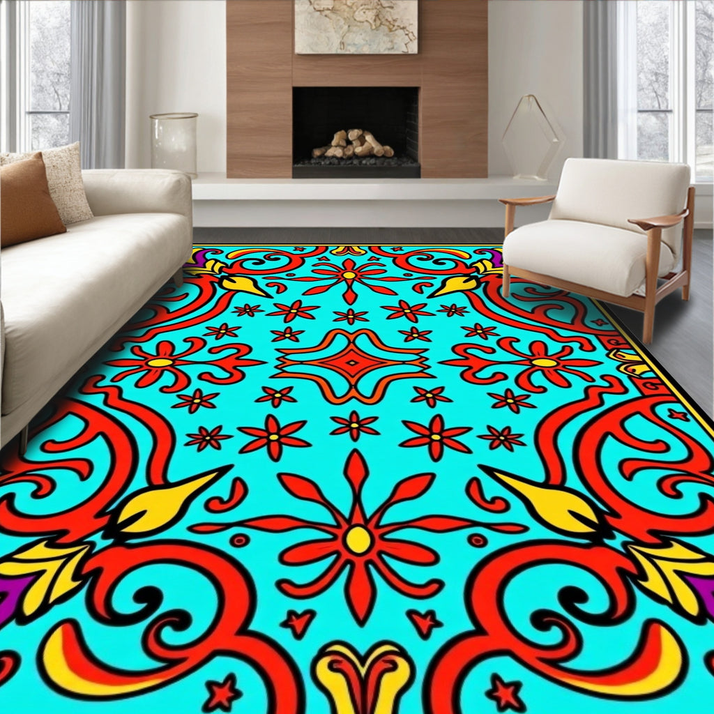 Vibrant Floral Swirls Mandala Design Rug