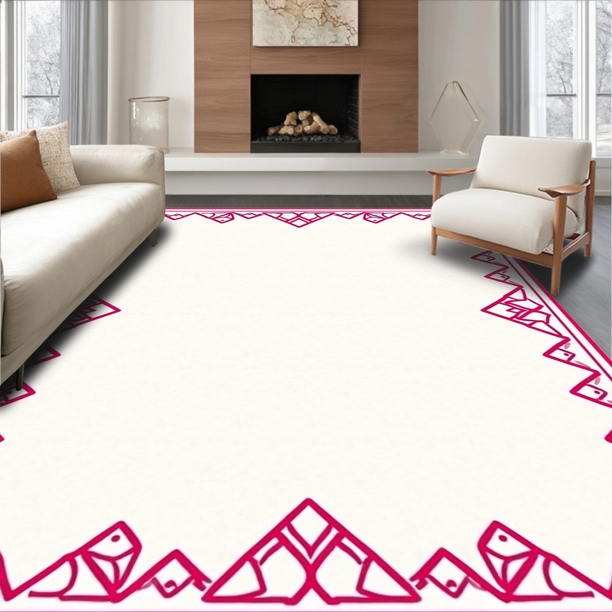 Geometric Red Border Pattern Rug