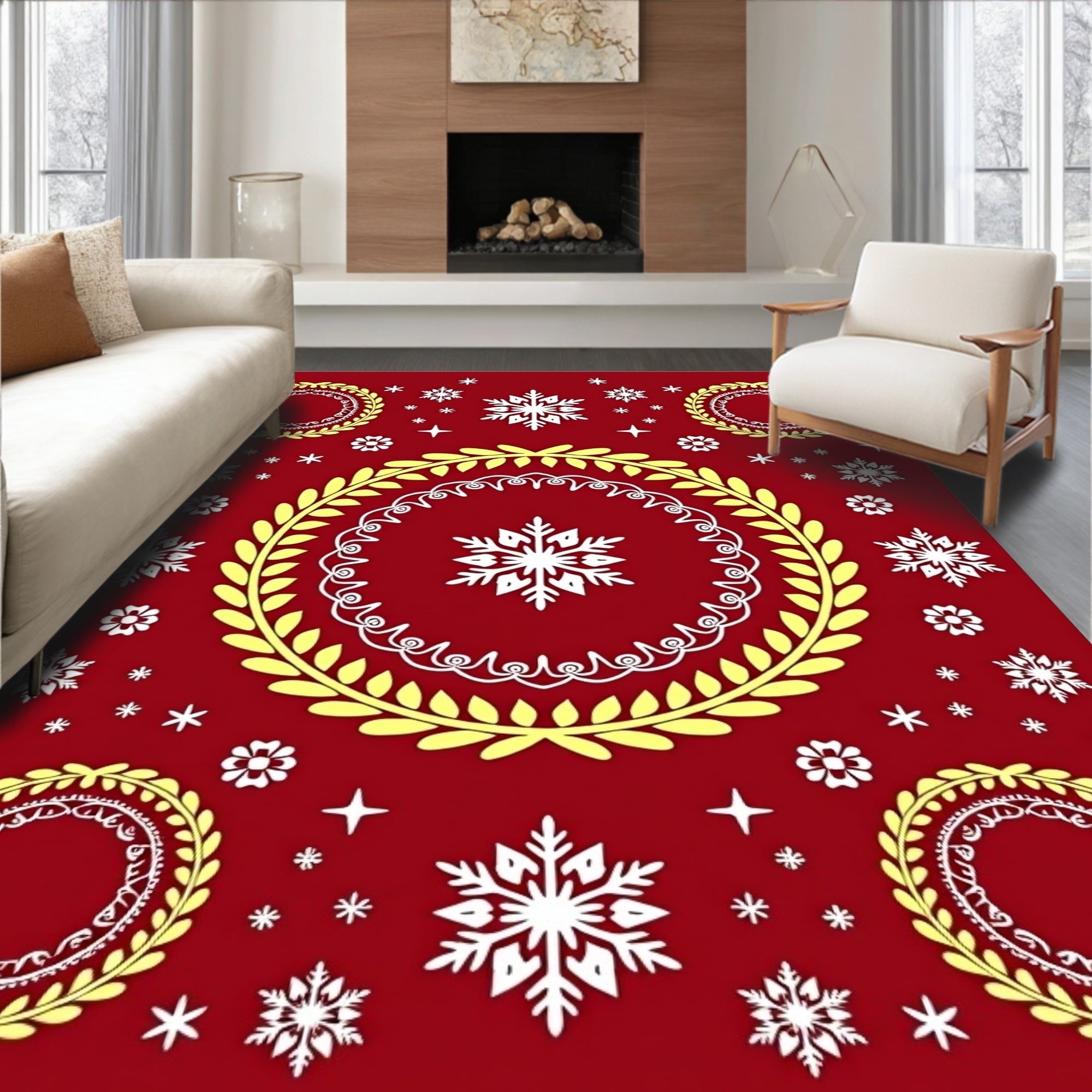 Crimson Festive Snowflake Laurel Design Rug
