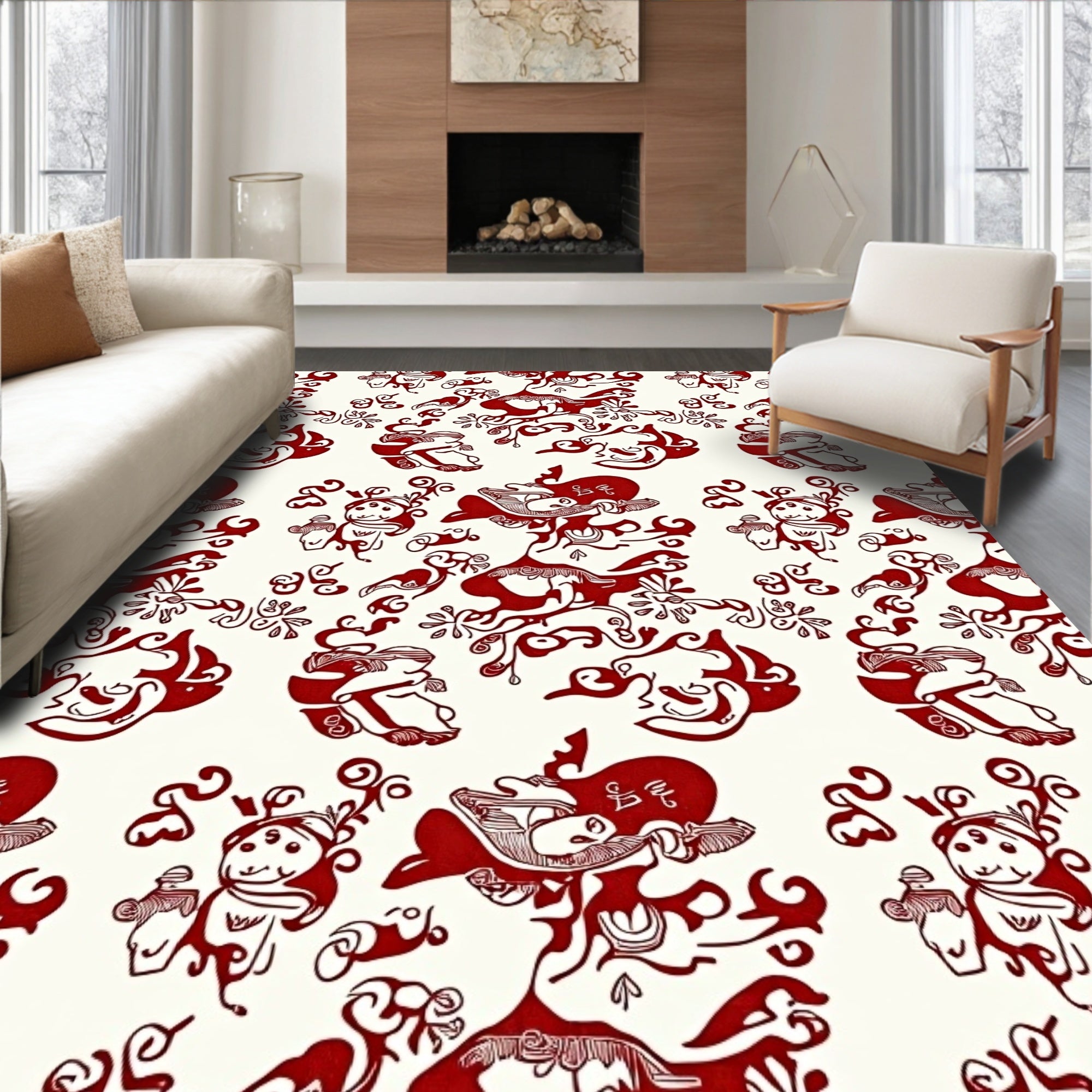Red White Whimsical Figural Pattern Rug