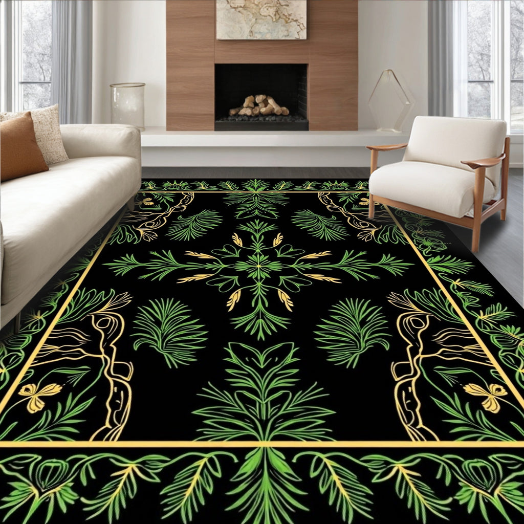 Green Leafy Border With Central Floral Design Rug