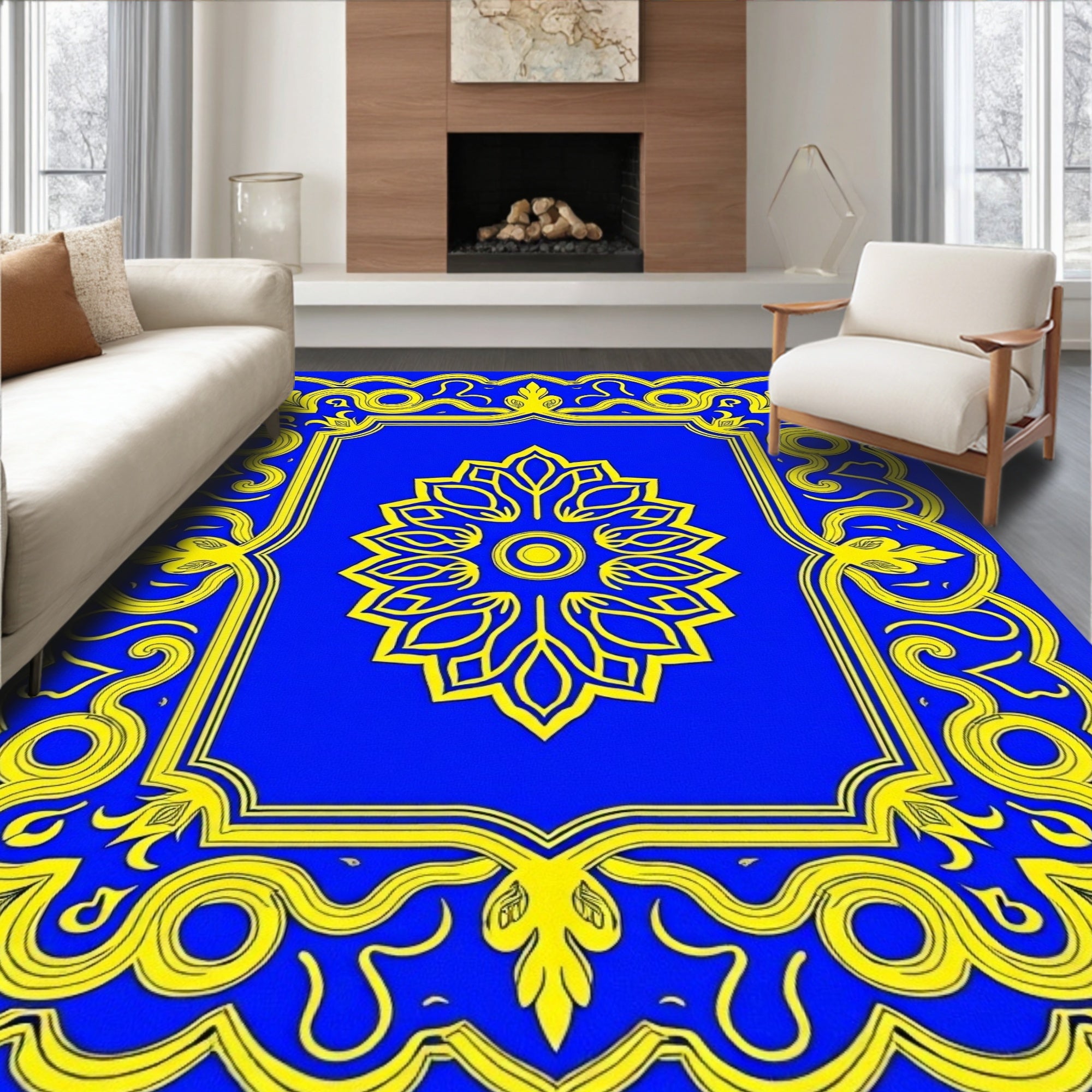 Royal Blue Yellow Floral Ornament Rug