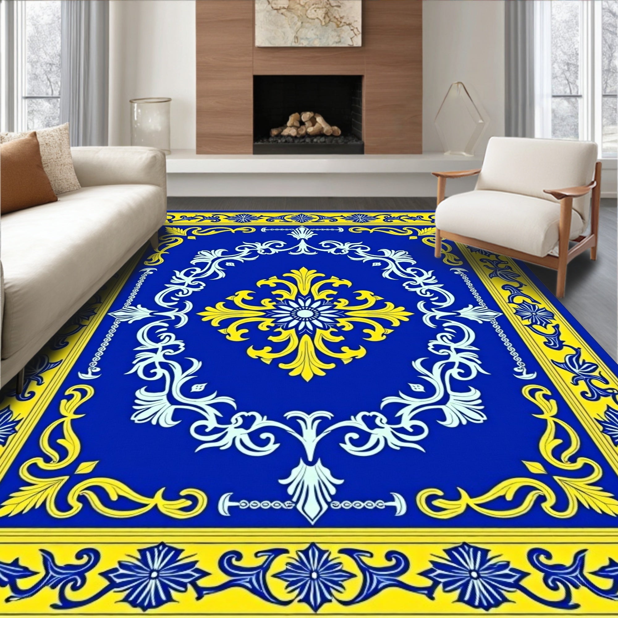 Royal Blue Yellow Floral Pattern Rug