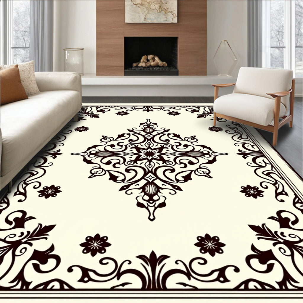 Ivory Black Abstract Intricate Floral Design Rug