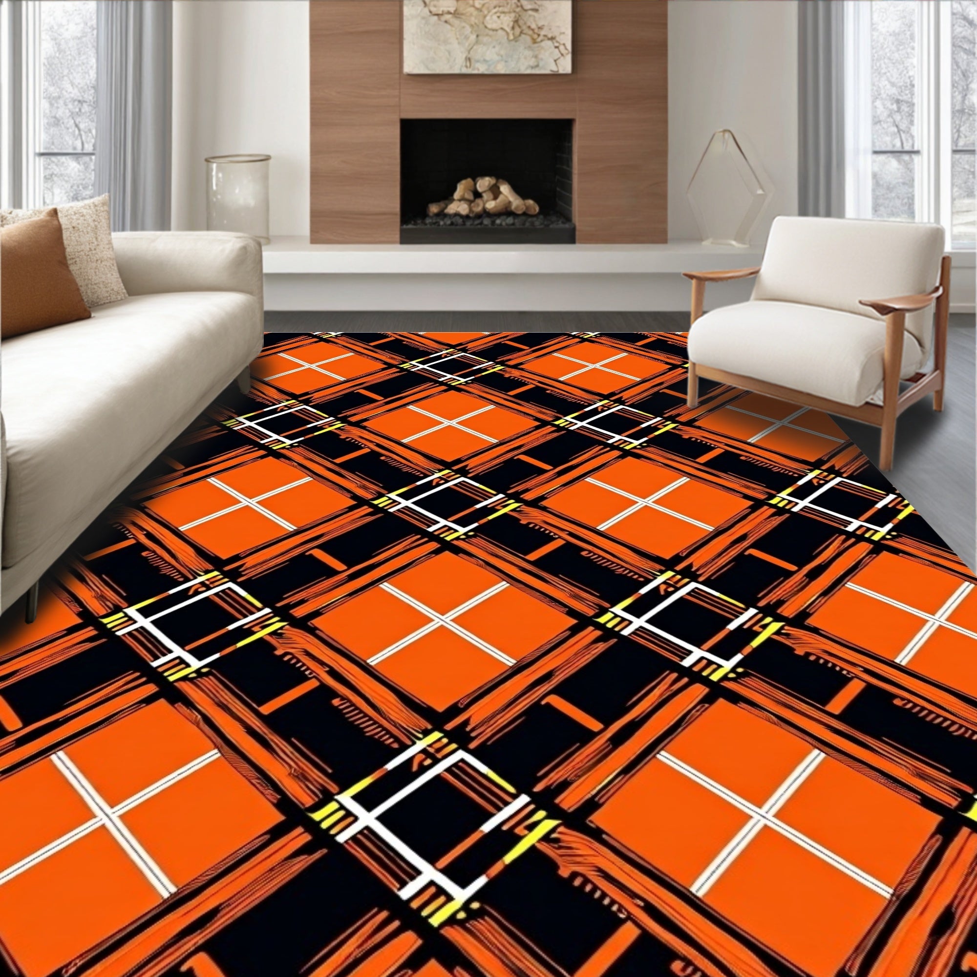 Bold Orange Black White Plaid Design Rug