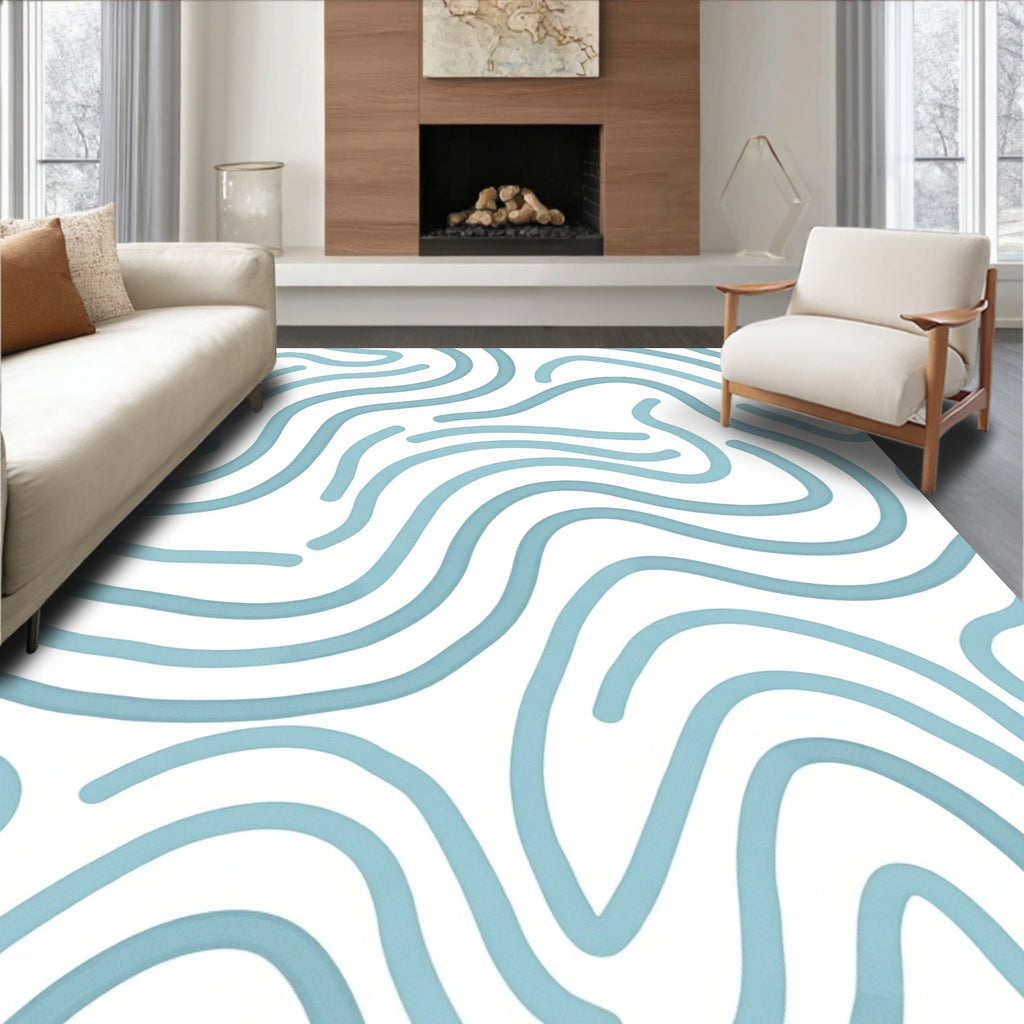 Abstract Blue Wavy Line Design Rug