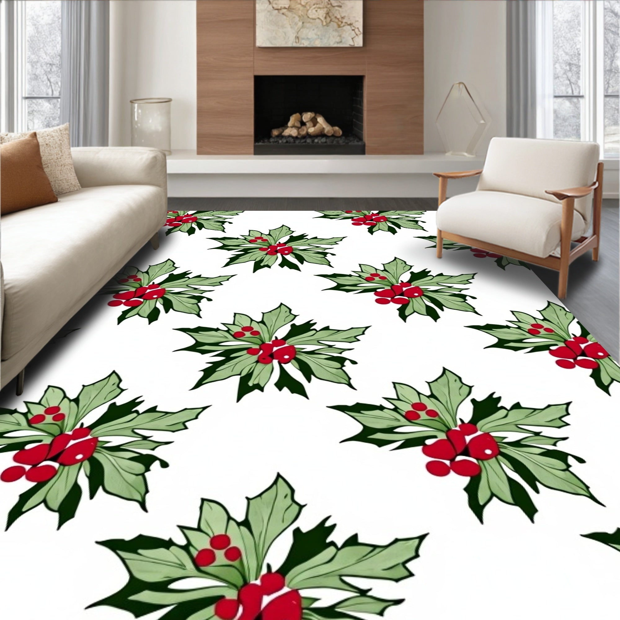 Spiky Green Leaves Red Berries Scatter Rug