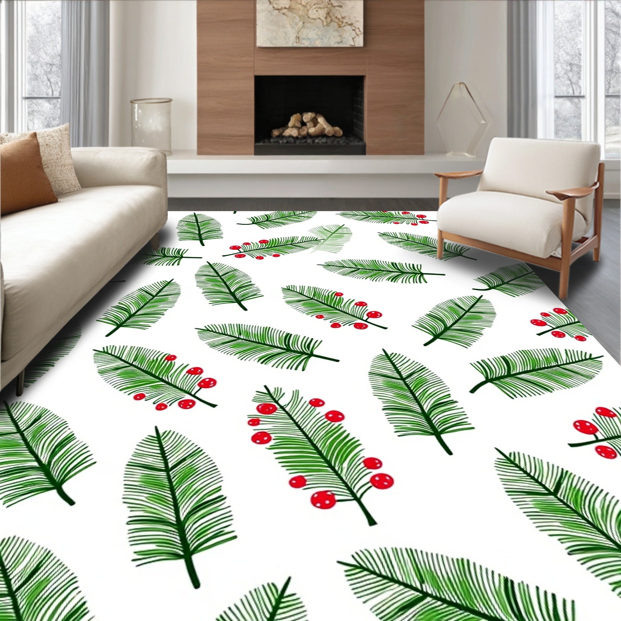 Green Pine Needles with Red Berries Rug