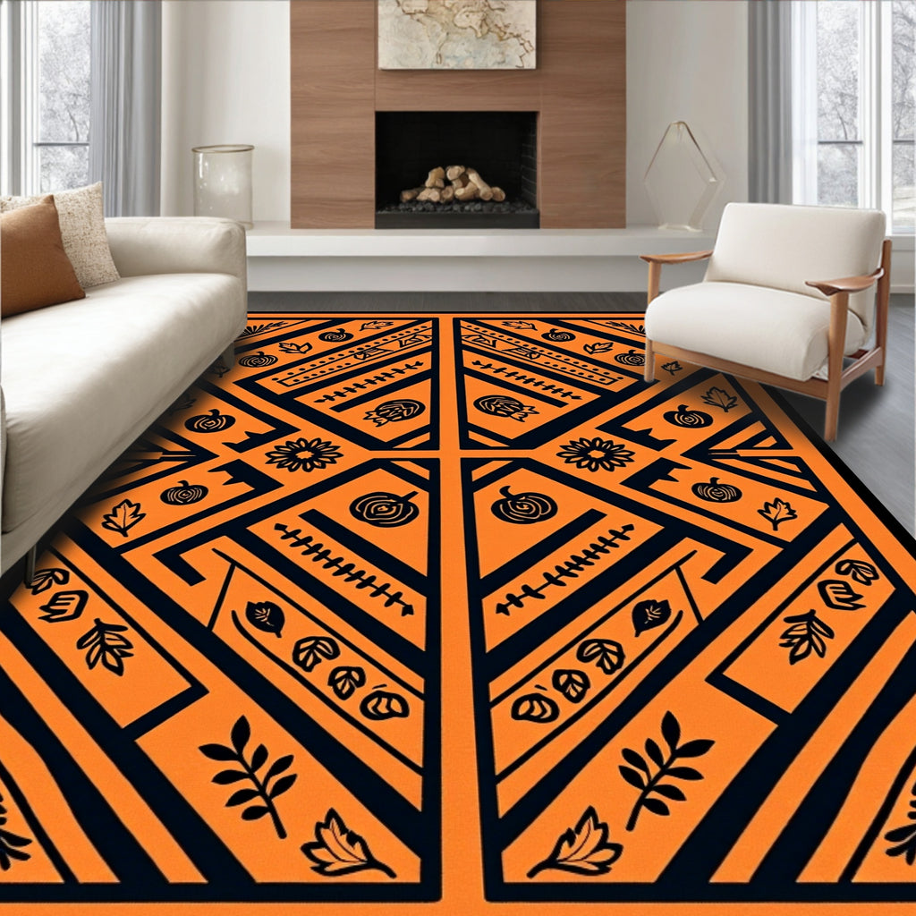 Bold Orange Black Geometric Floral Pattern Rug