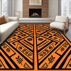 Bold Orange Black Geometric Floral Pattern Rug
