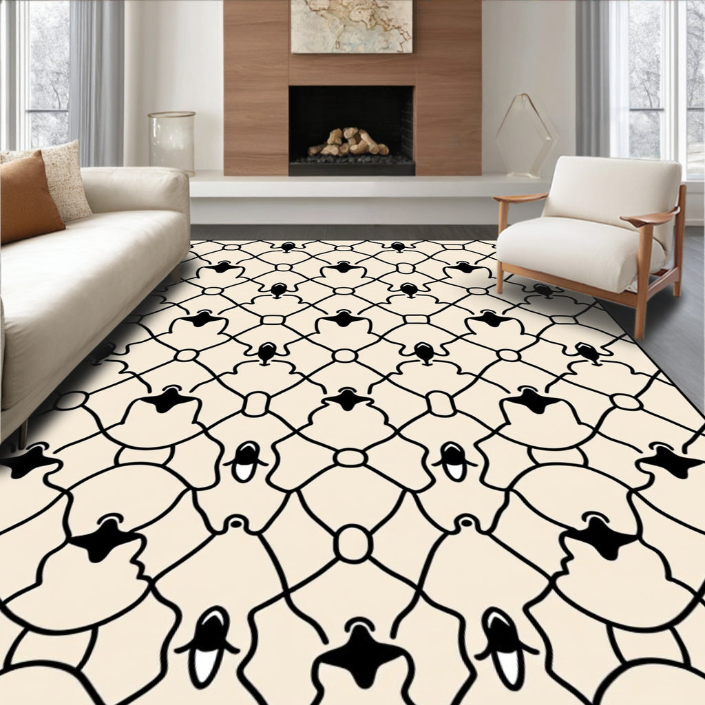 Cream Black Interlocking Figure Pattern Rug