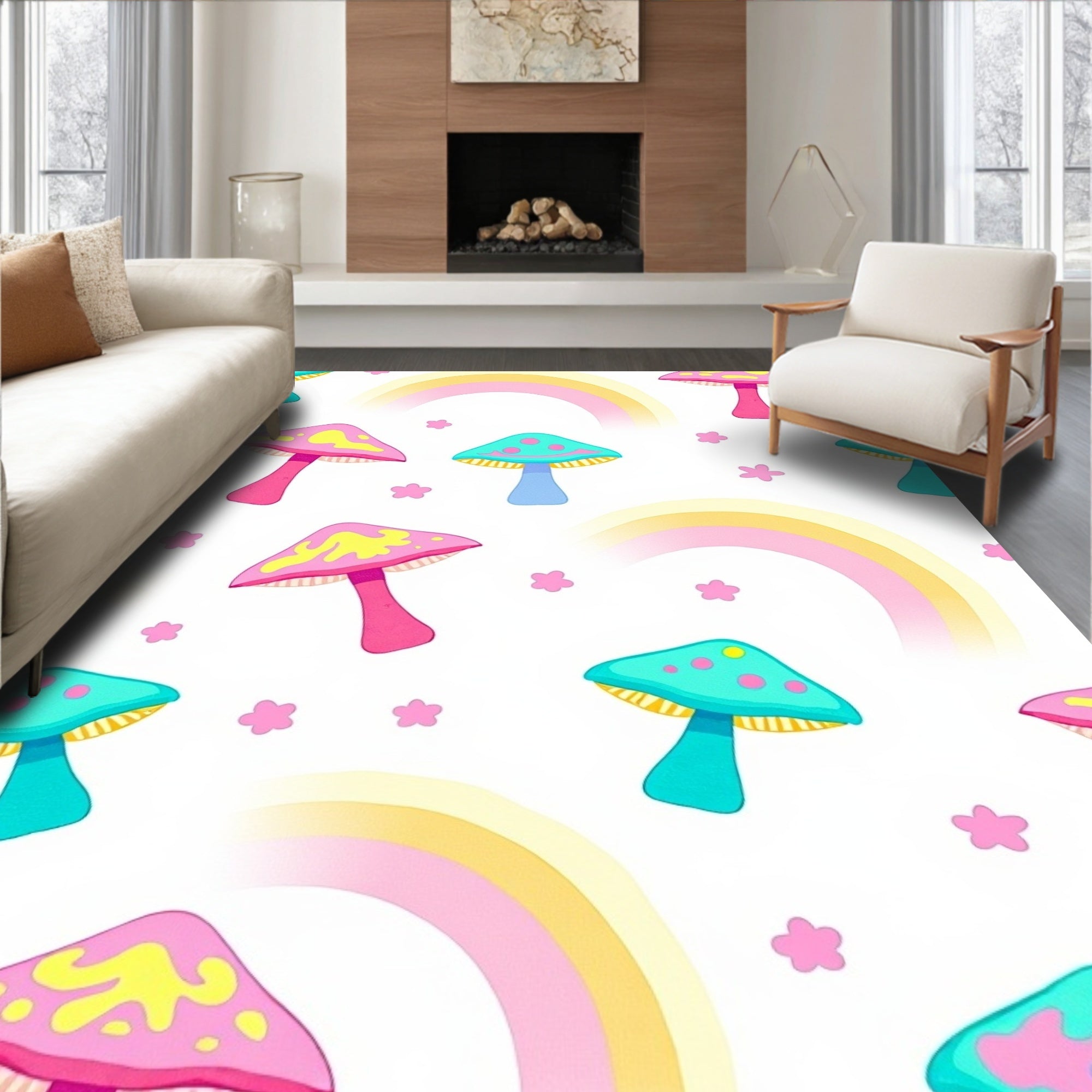 Whimsical Mushroom Rainbow Pattern Rug