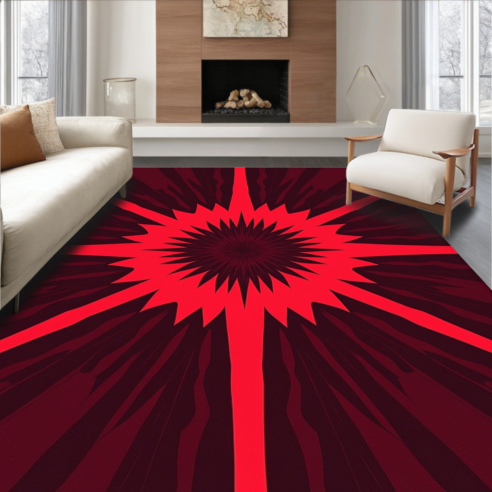Radiant Sunburst Spiky Red Pattern Rug