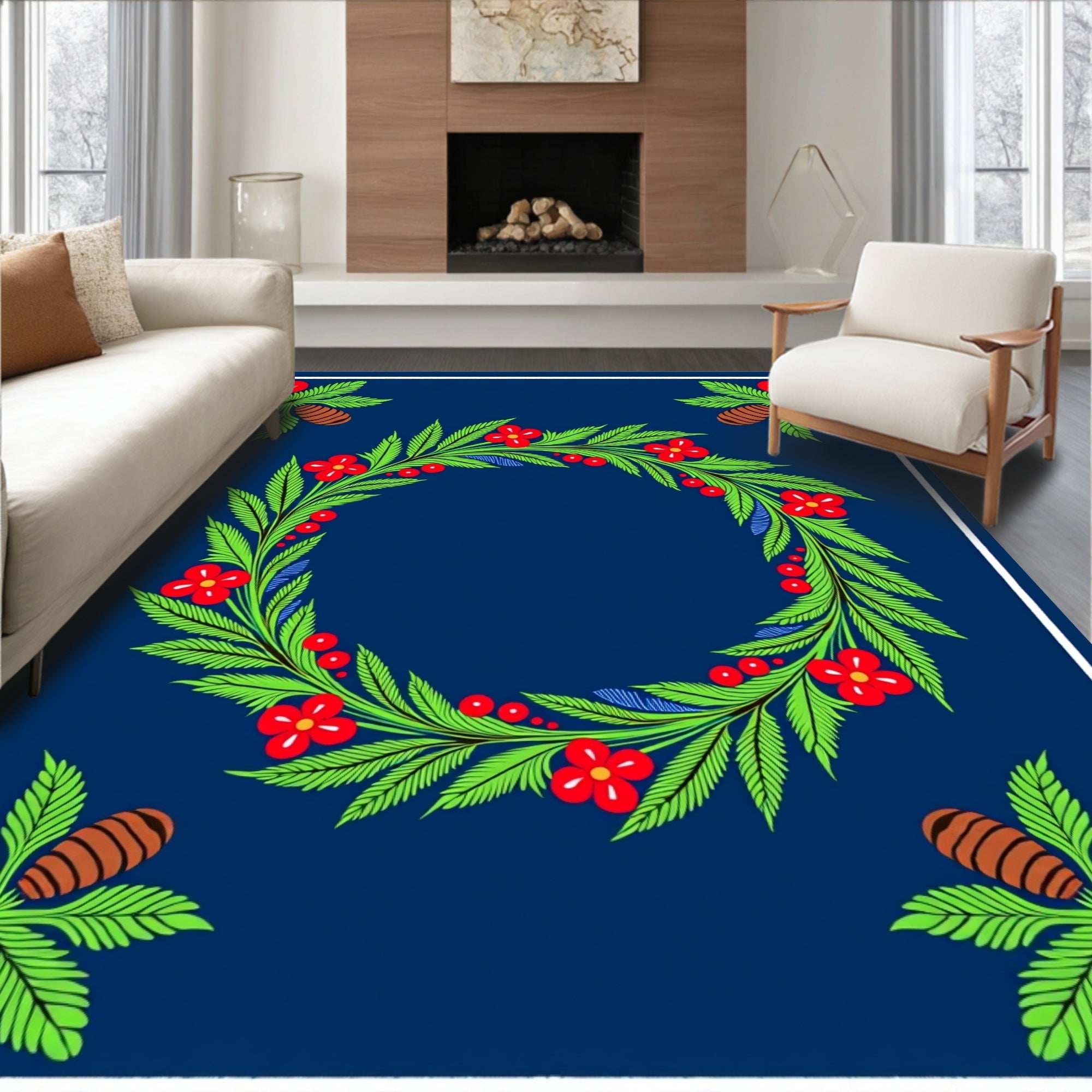 Bold Blue Red Floral Pinecone Wreath Rug