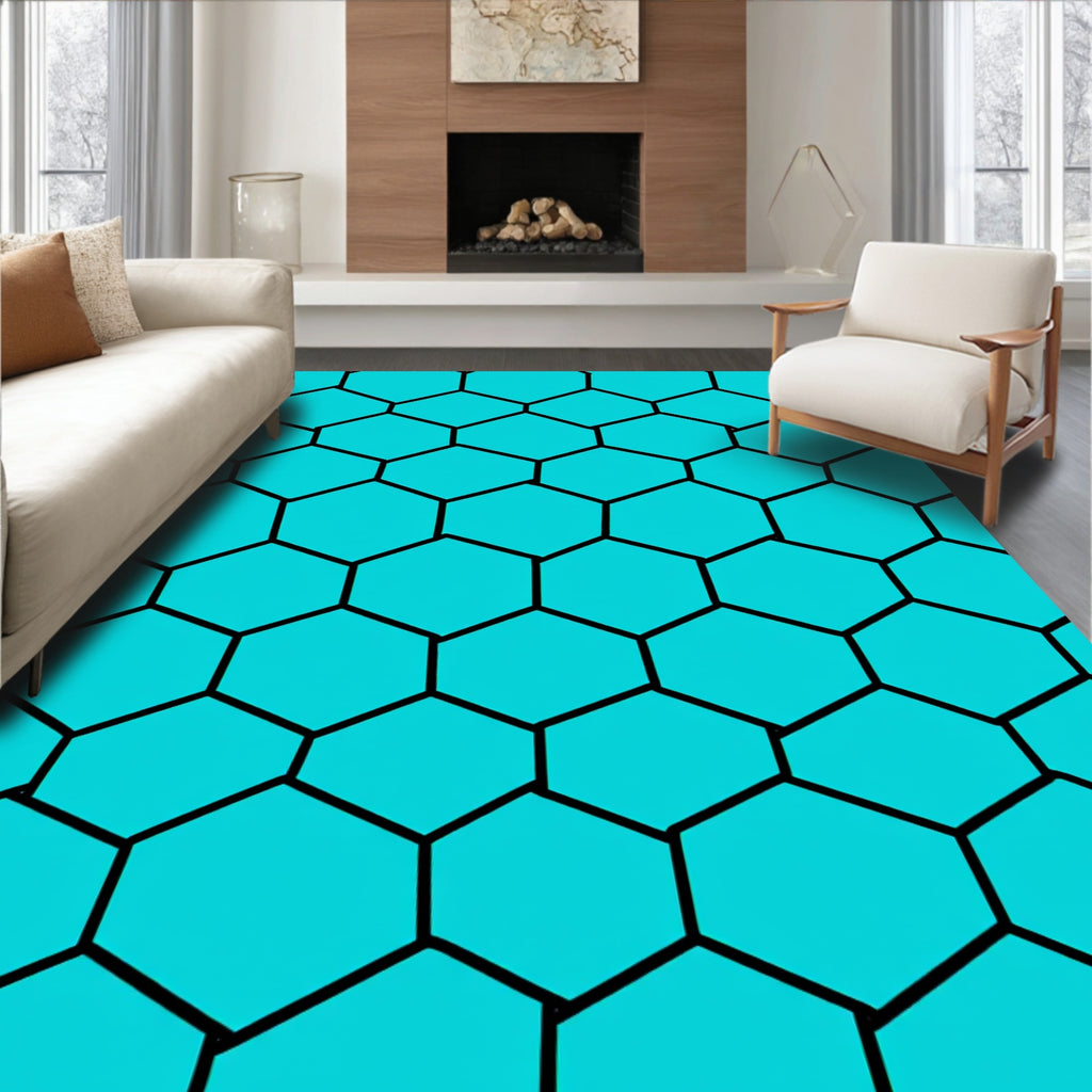 Hexagonal Black Teal Pattern Rug