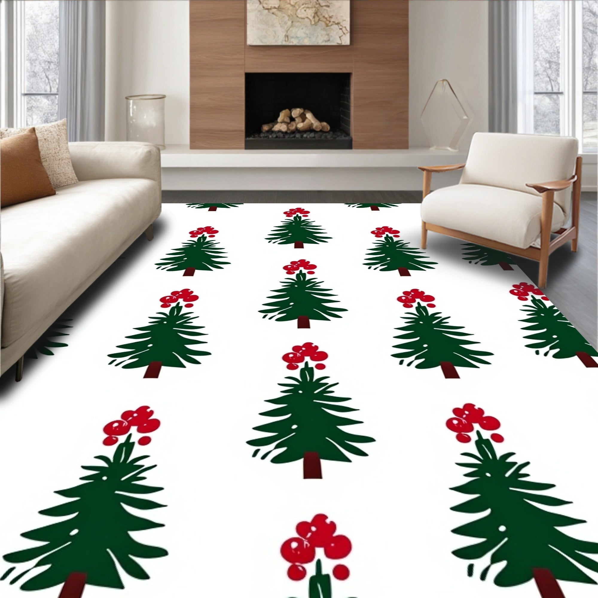Evergreen Trees with Red Berries Rug