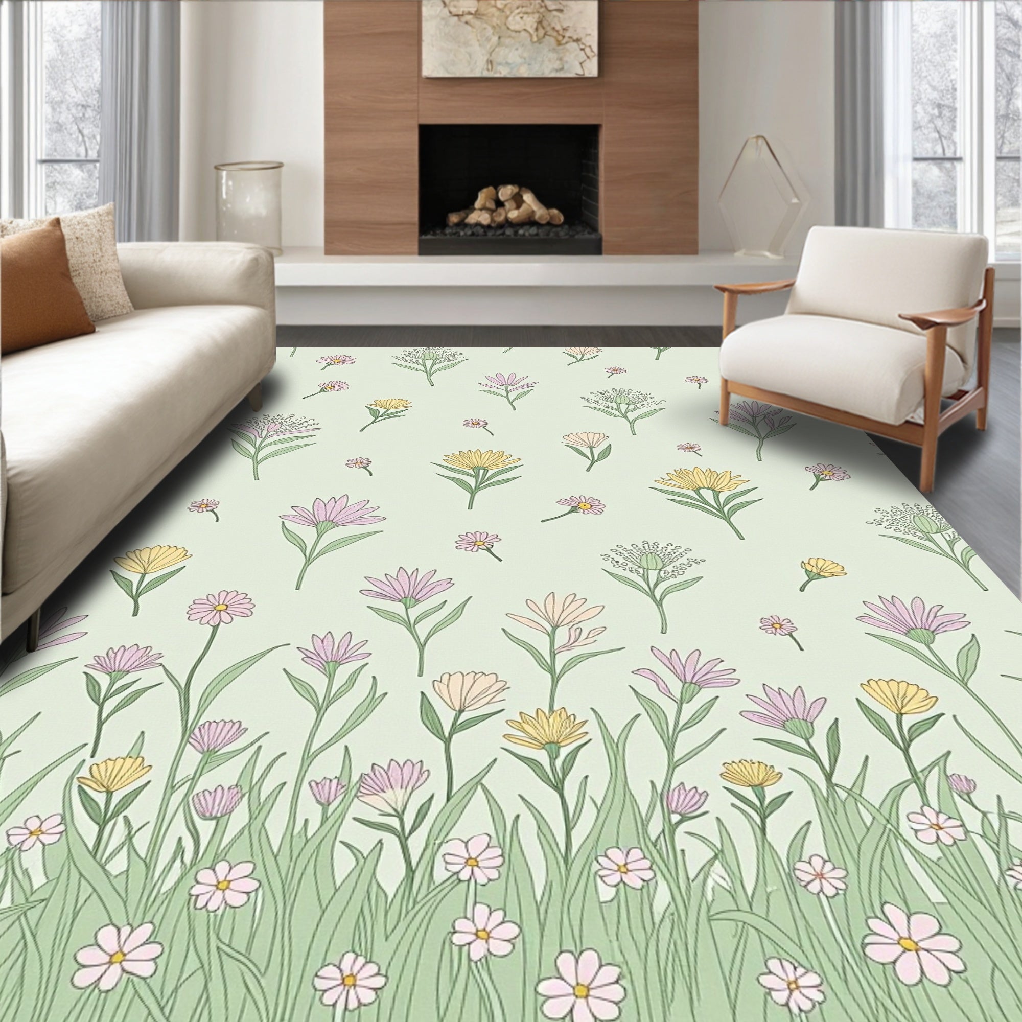 Whimsical Field of Flowers Pattern Rug