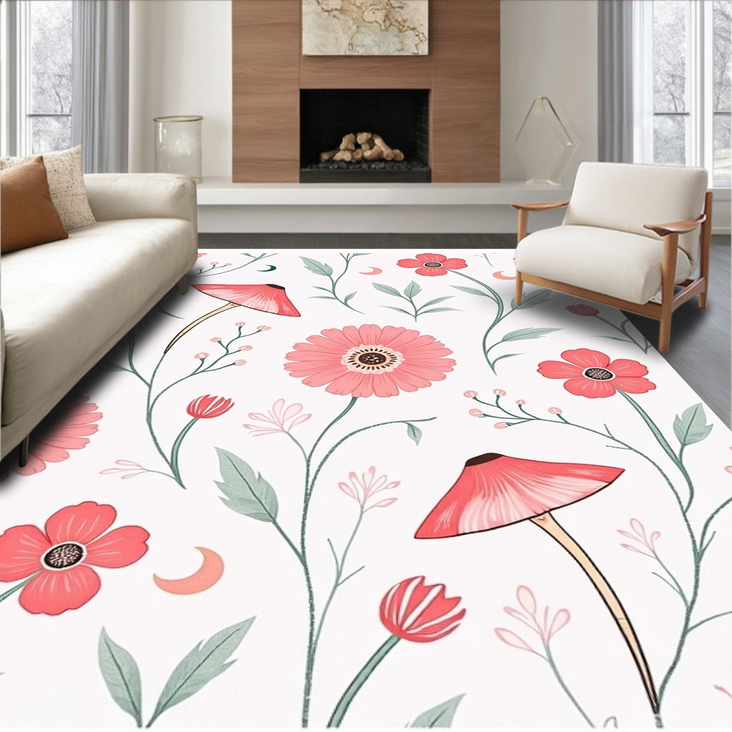 Whimsical Floral Mushroom Pattern Rug