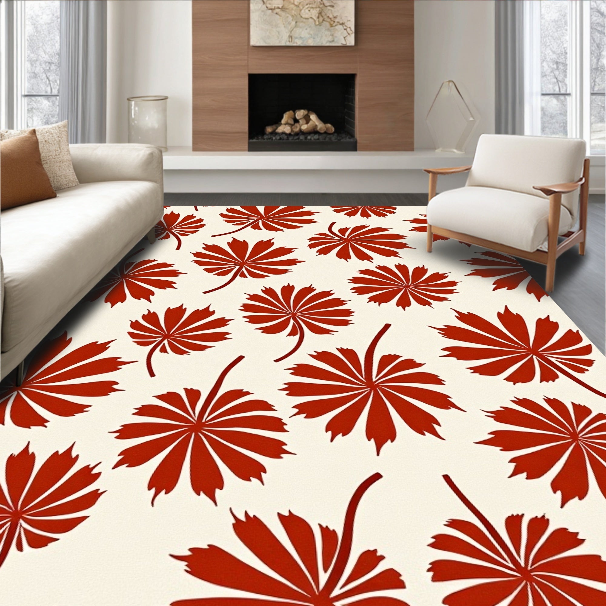 Radiant Red Fan Leaf Pattern Rug
