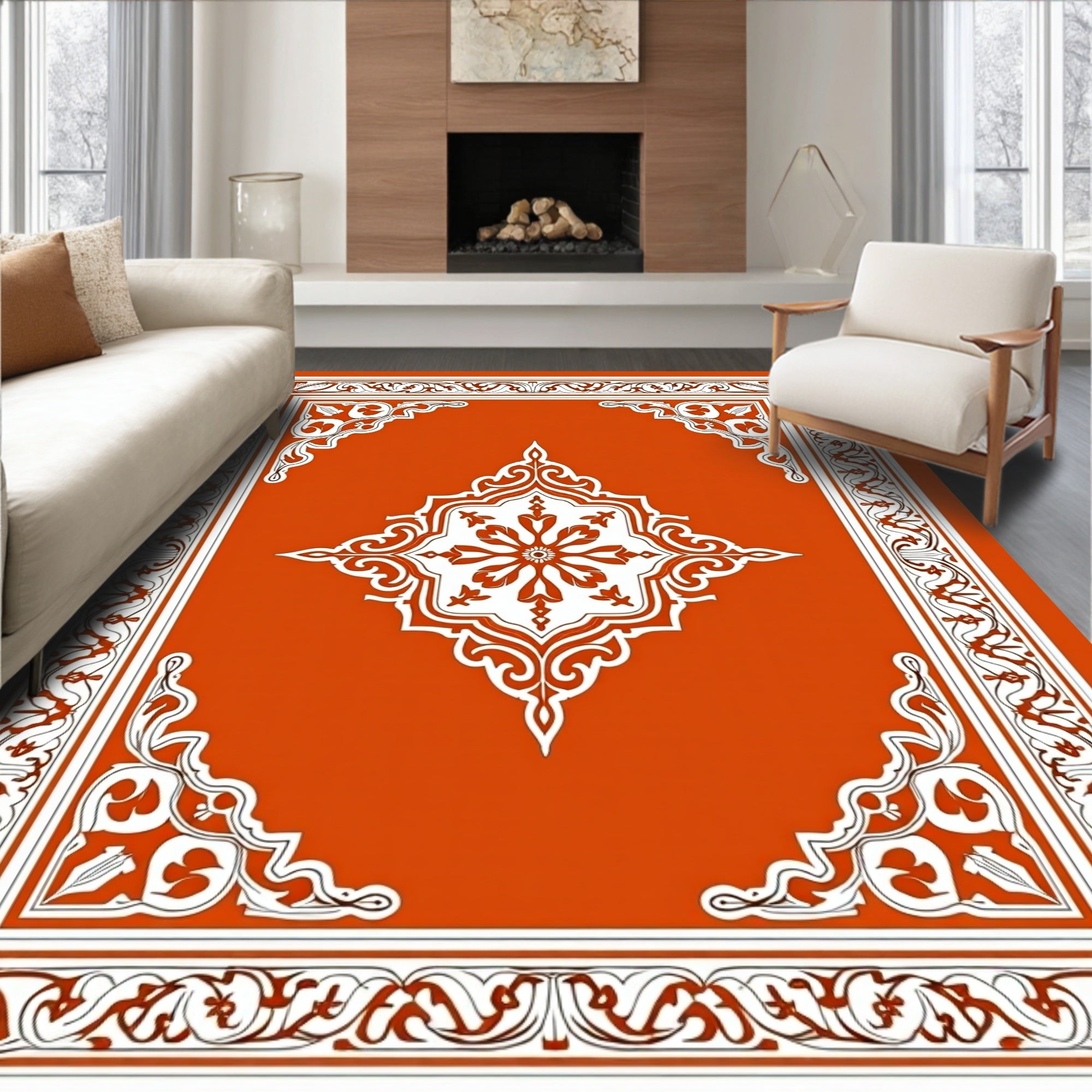 Orange White Intricate Medallion Border Design Rug