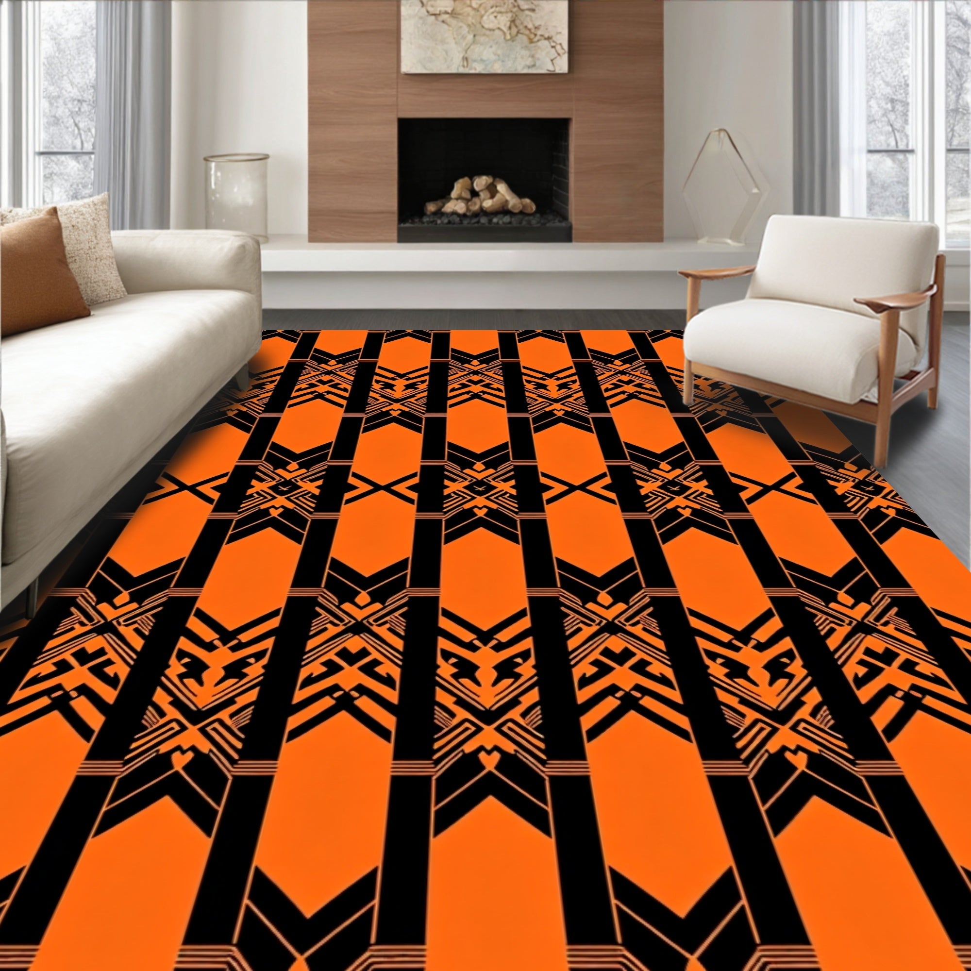 Geometric Black Orange Art Deco Pattern Rug
