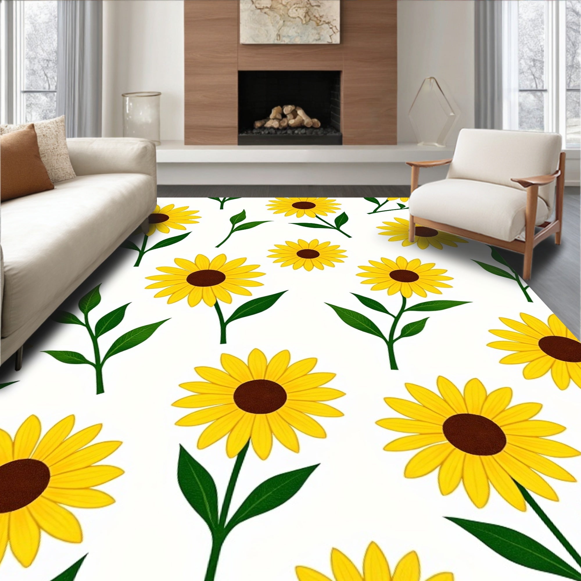 Yellow Sunflower Pattern With Green Leaves Rug