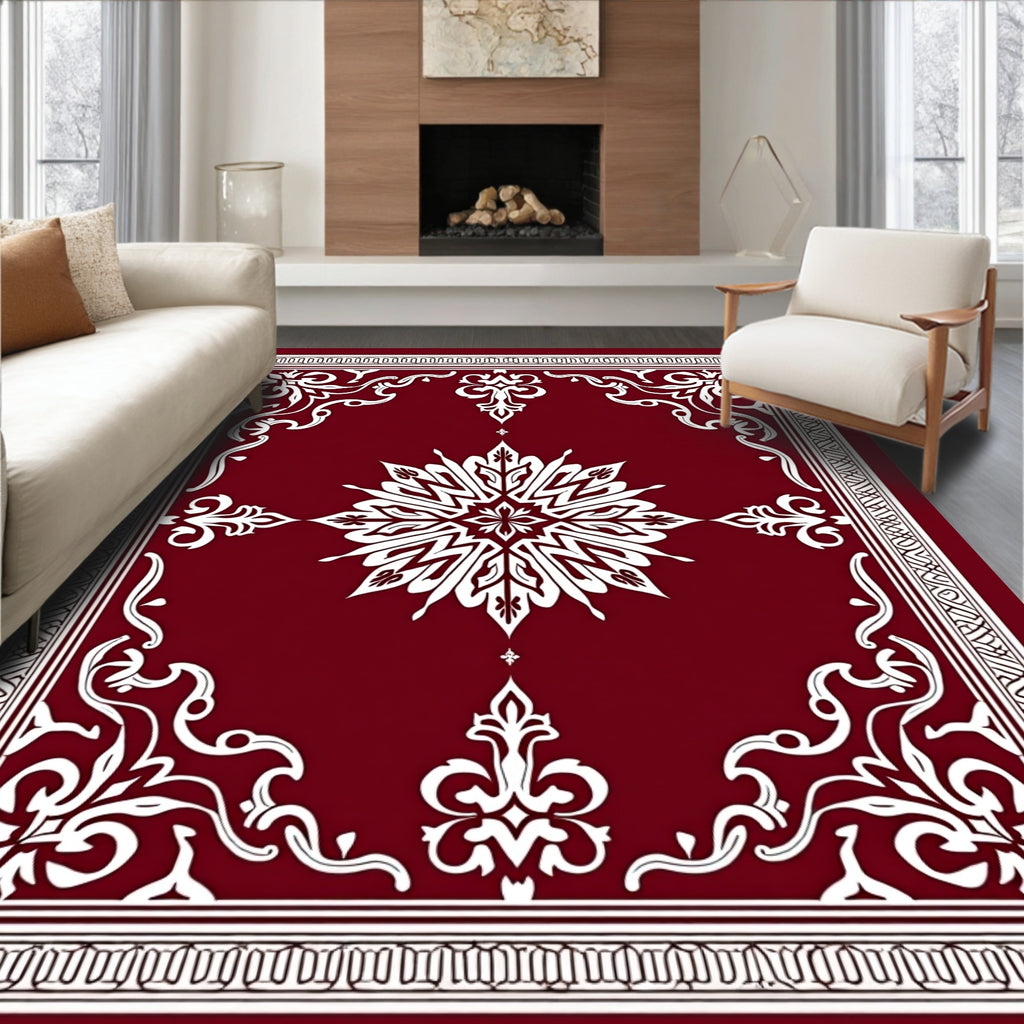 Ornate Burgundy White Floral Design Rug