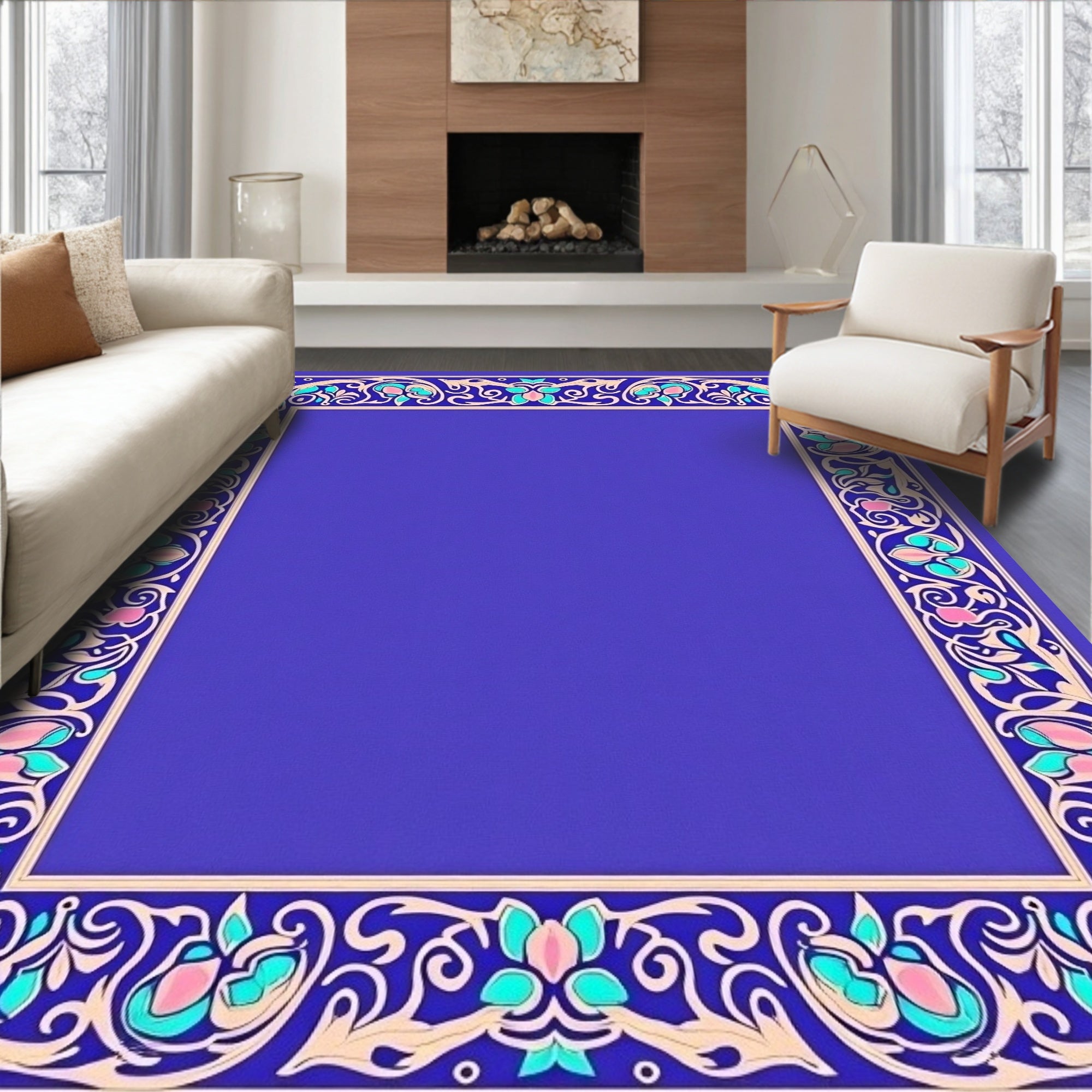 Ornate Floral Scrollwork Blue Border Rug