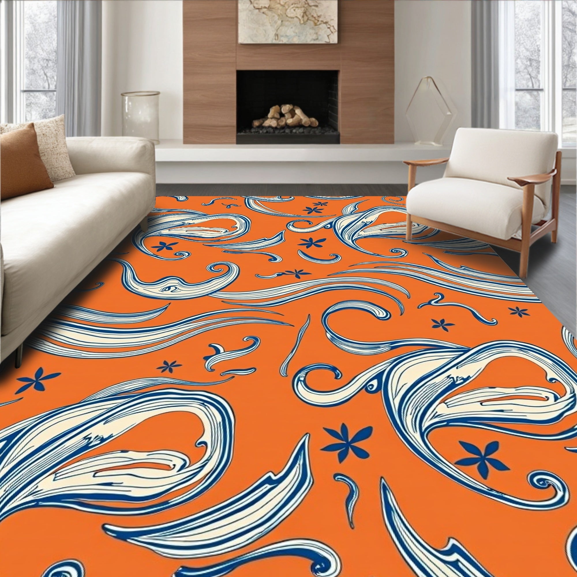 Orange Swirls Floral Abstract Design Rug