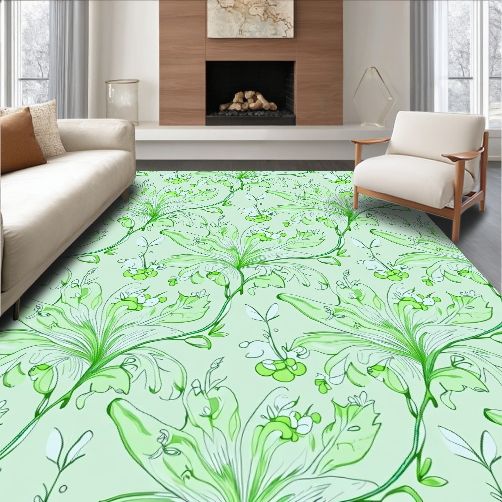 Elegant Green Floral Swirls And Leaves Rug