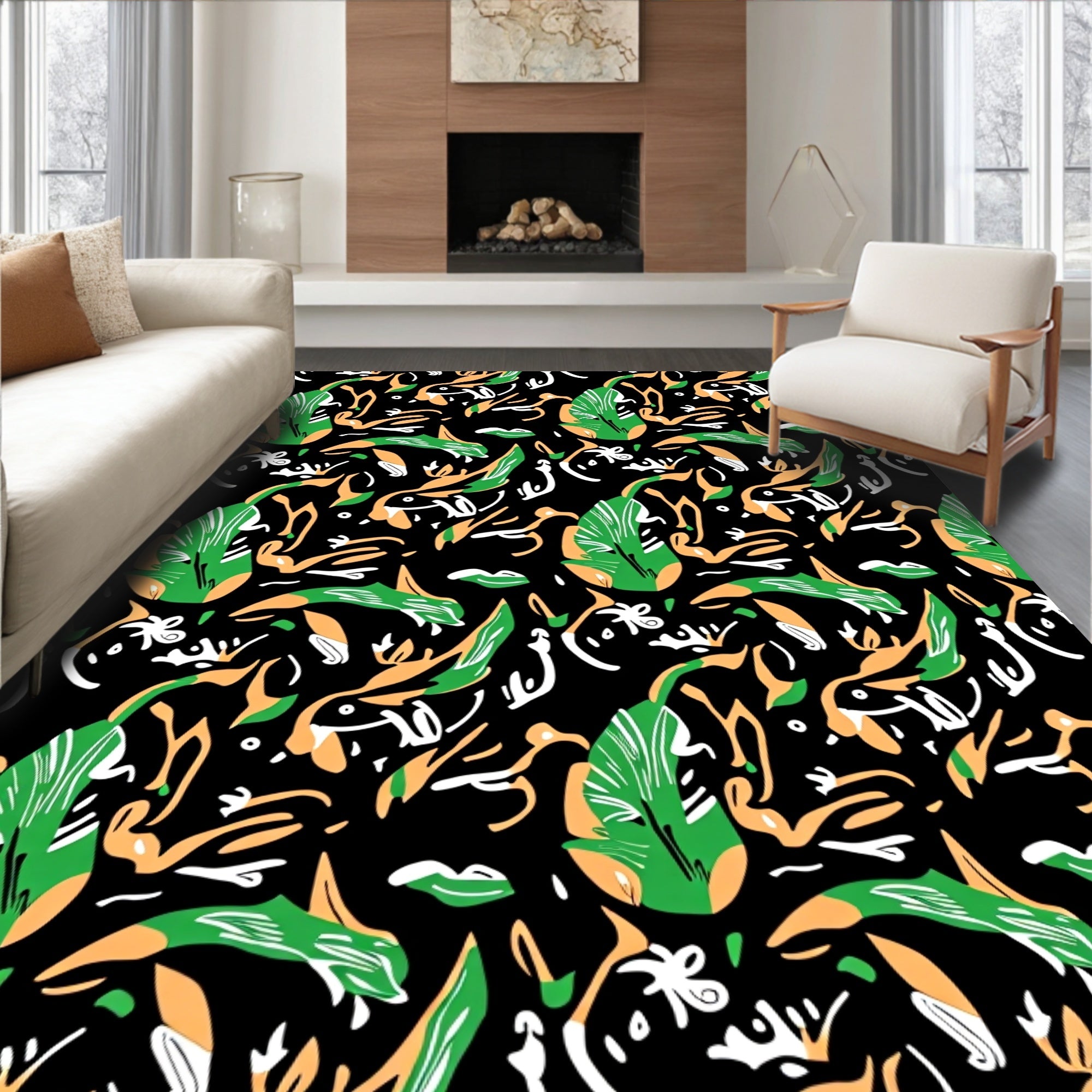 Green Orange Abstract Brushstrokes Pattern Rug