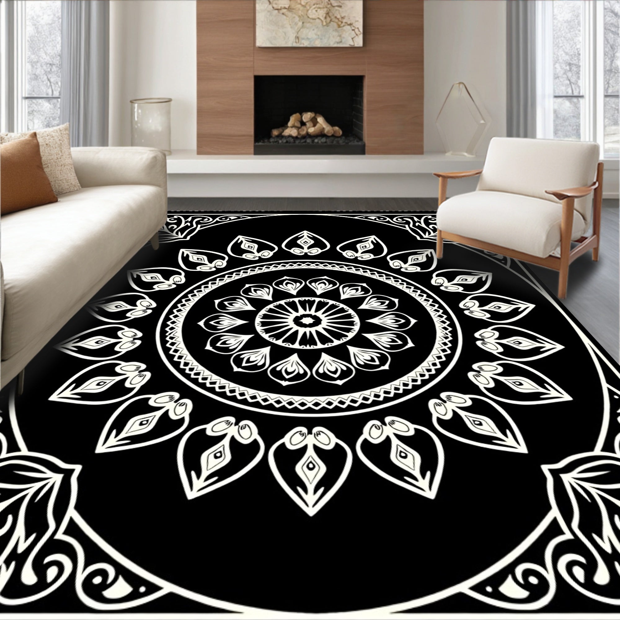Bold Black And White Floral Mandala Rug