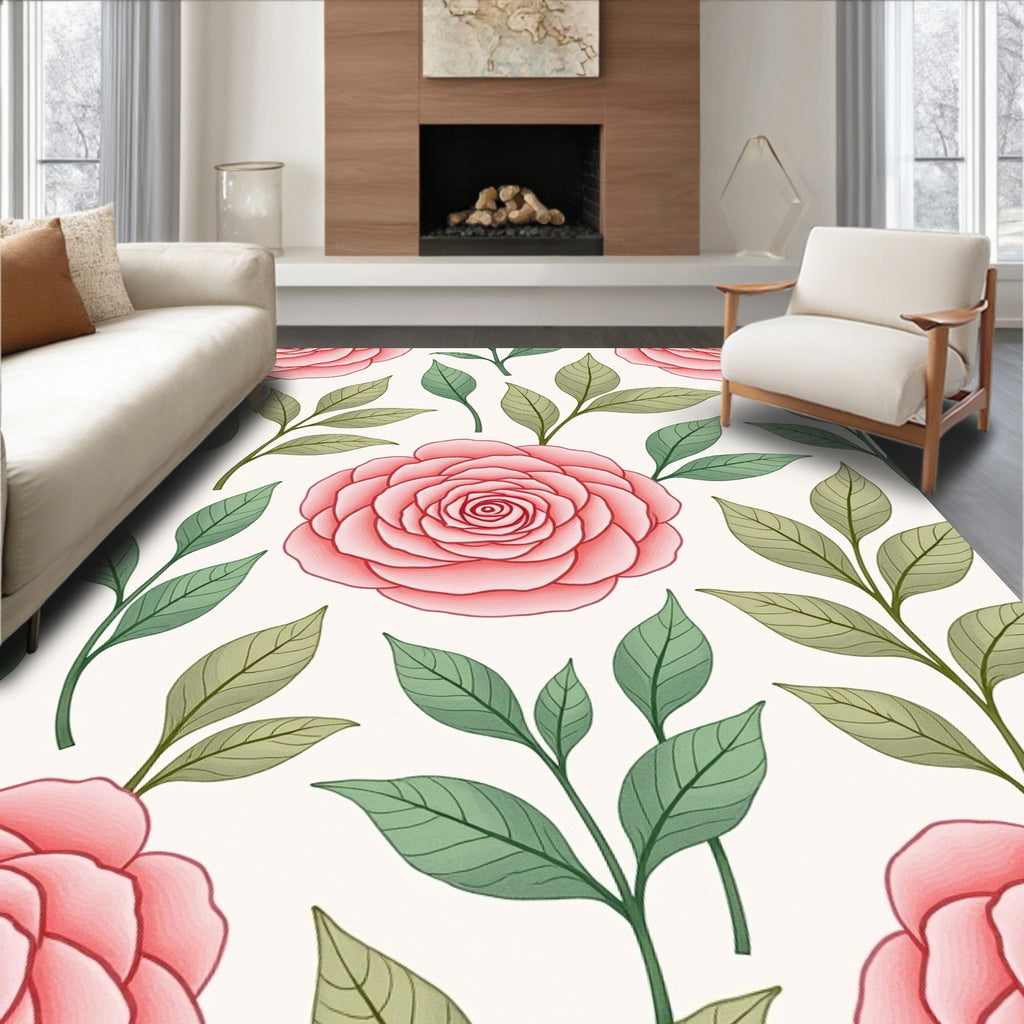 Pink Rose Floral Patterned Rug