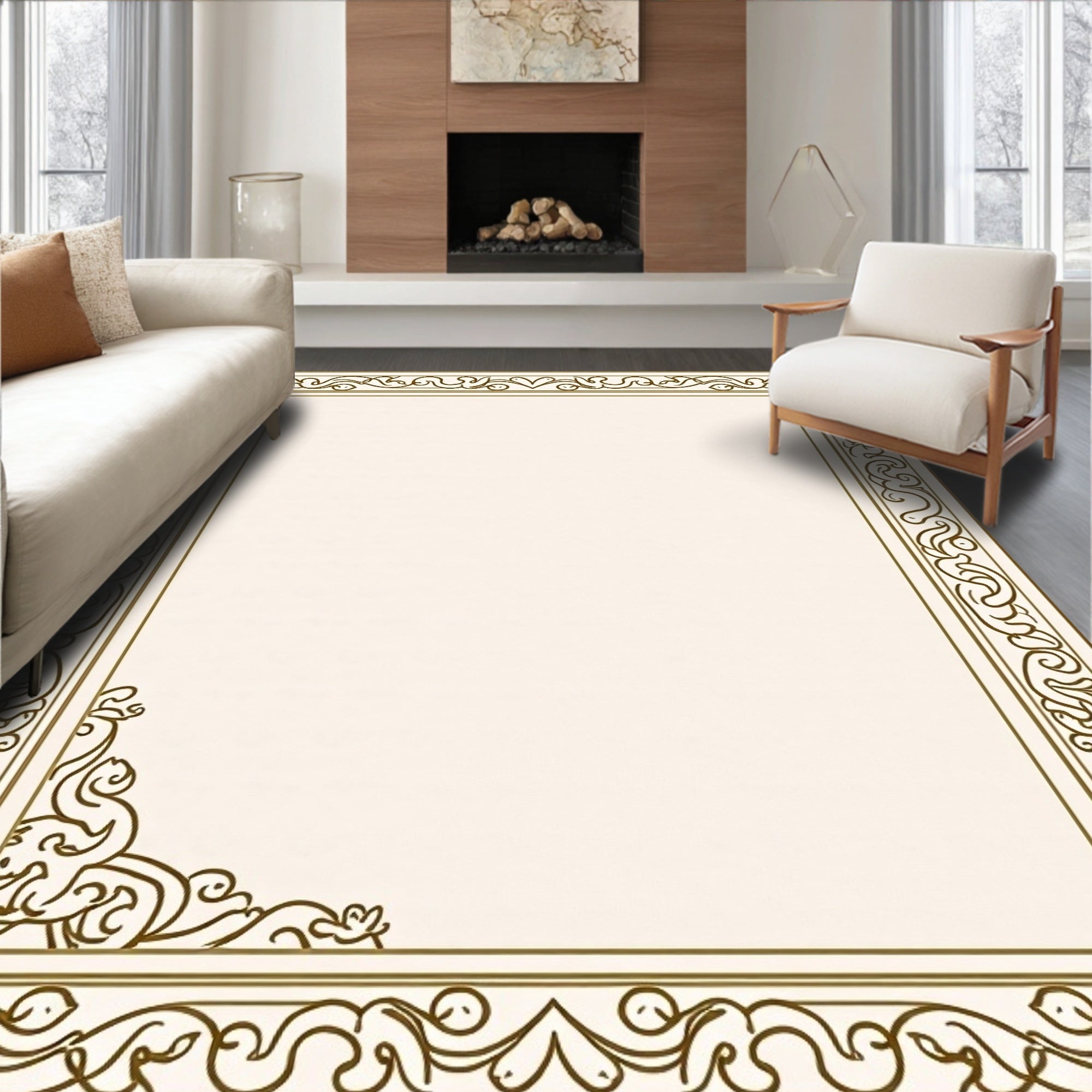 Ornate Damask Scroll Border Design Rug