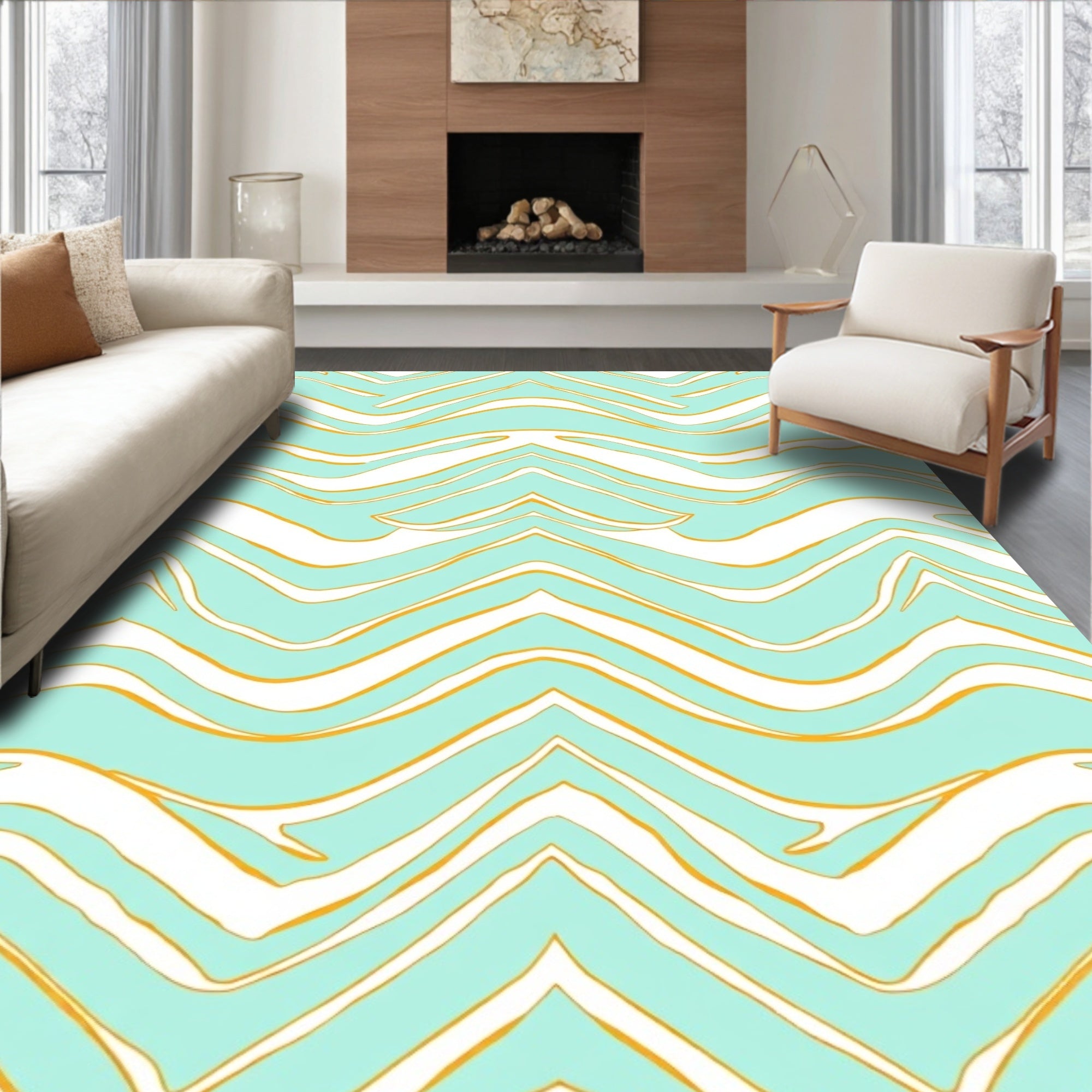 Wavy Teal Yellow Striped Pattern Rug