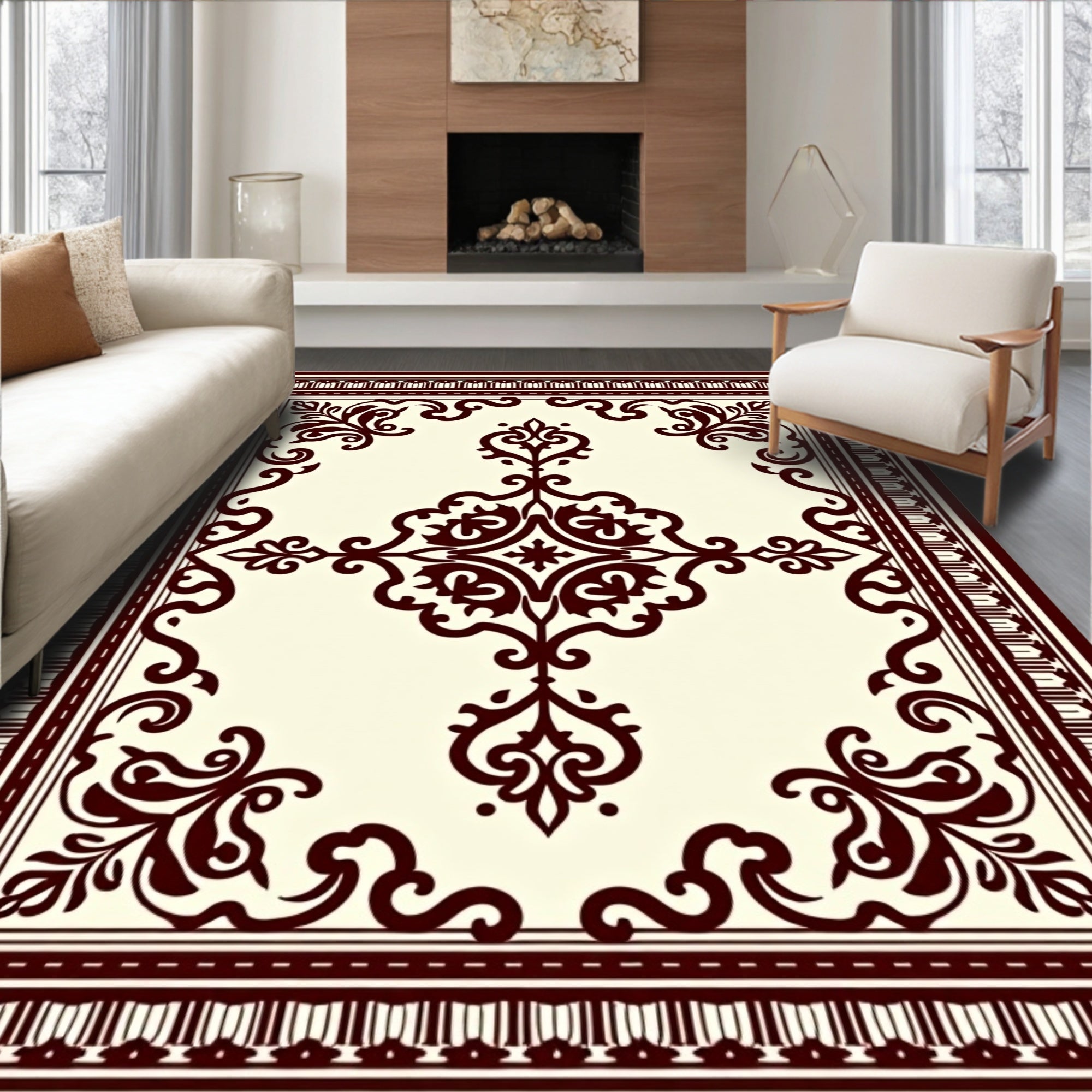 Classic Cream Burgundy Scrollwork Rug