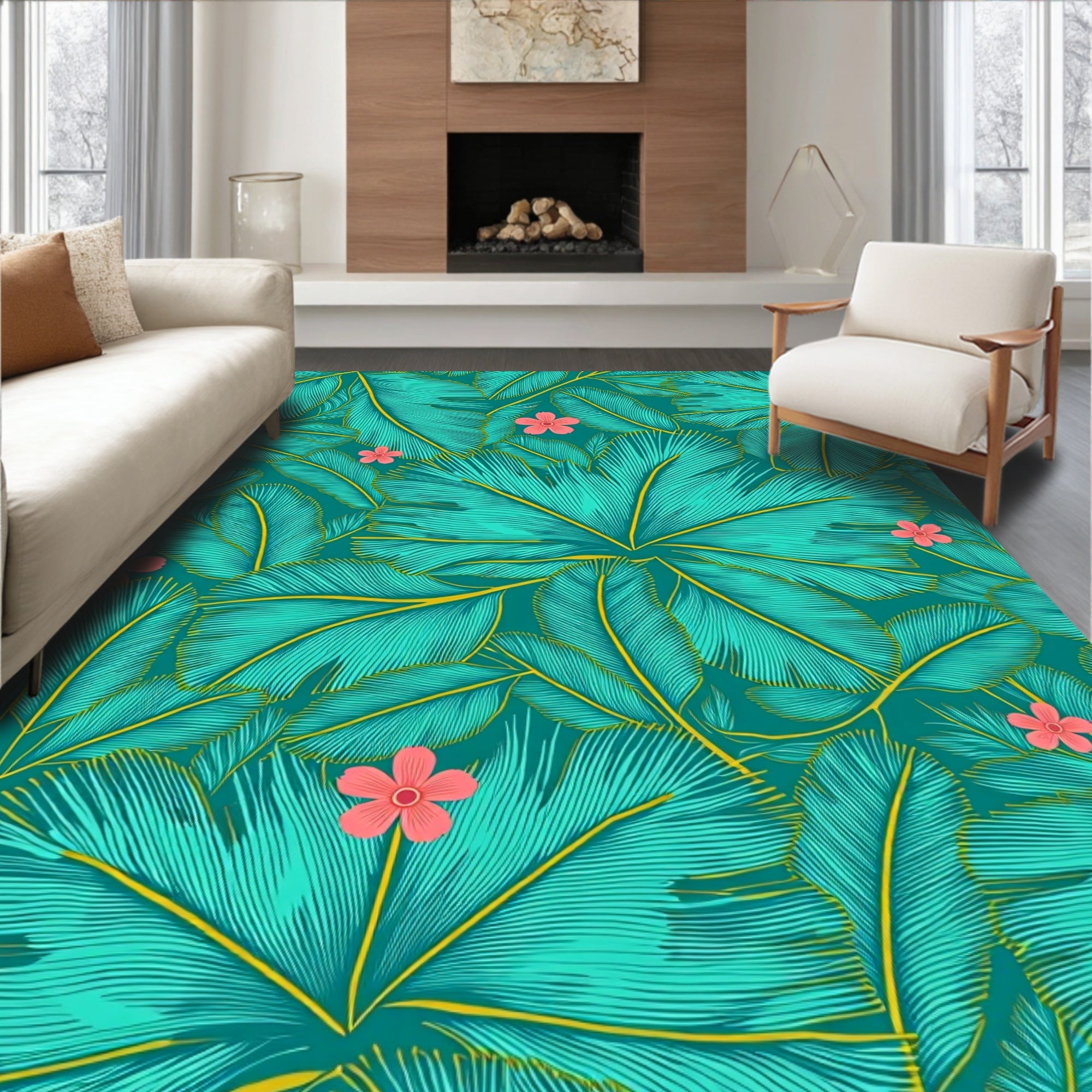 Teal Tropical Leaf Flower Pattern Rug