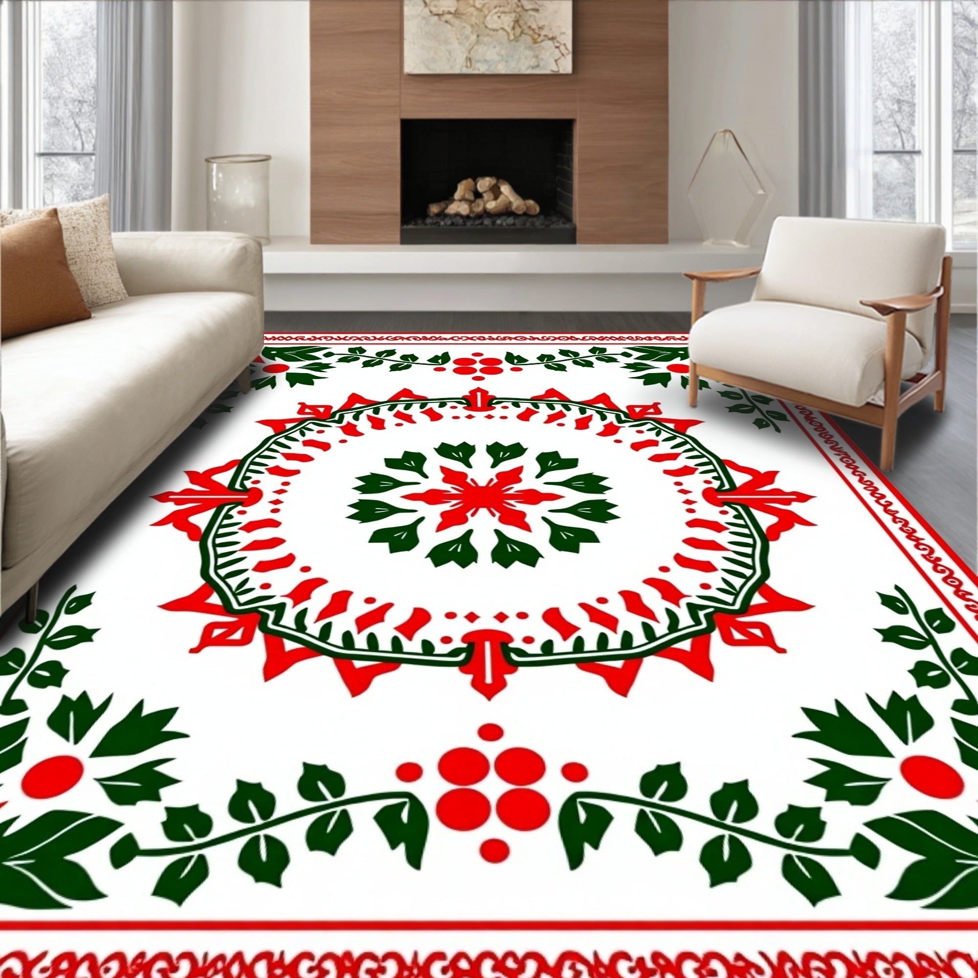 Red Green Floral Vine Pattern Rug