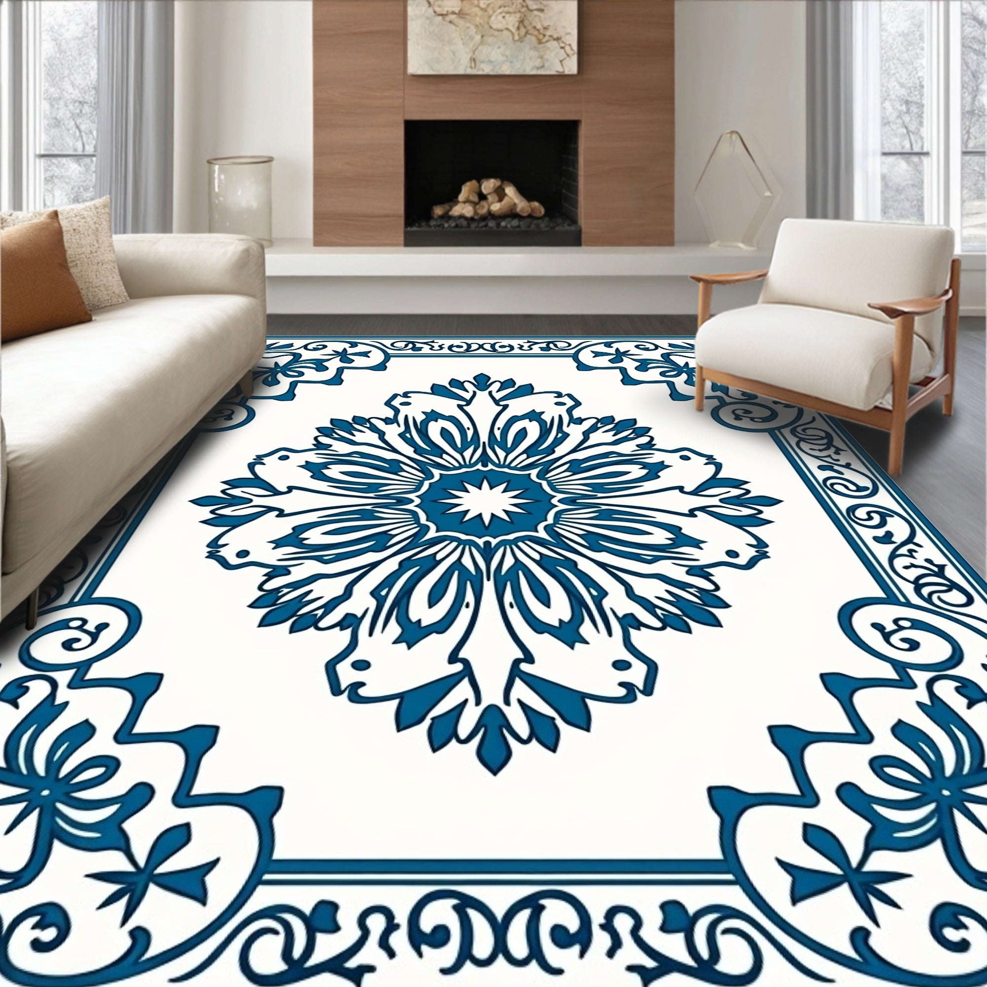 Antique Blue Floral Mandala Design Rug
