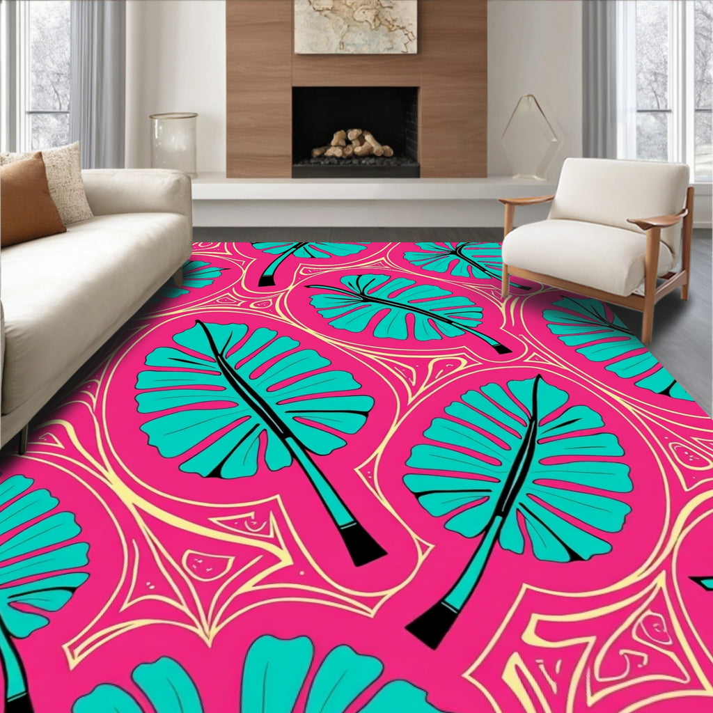 Vibrant Teal Leaf Tropical Swirl Rug