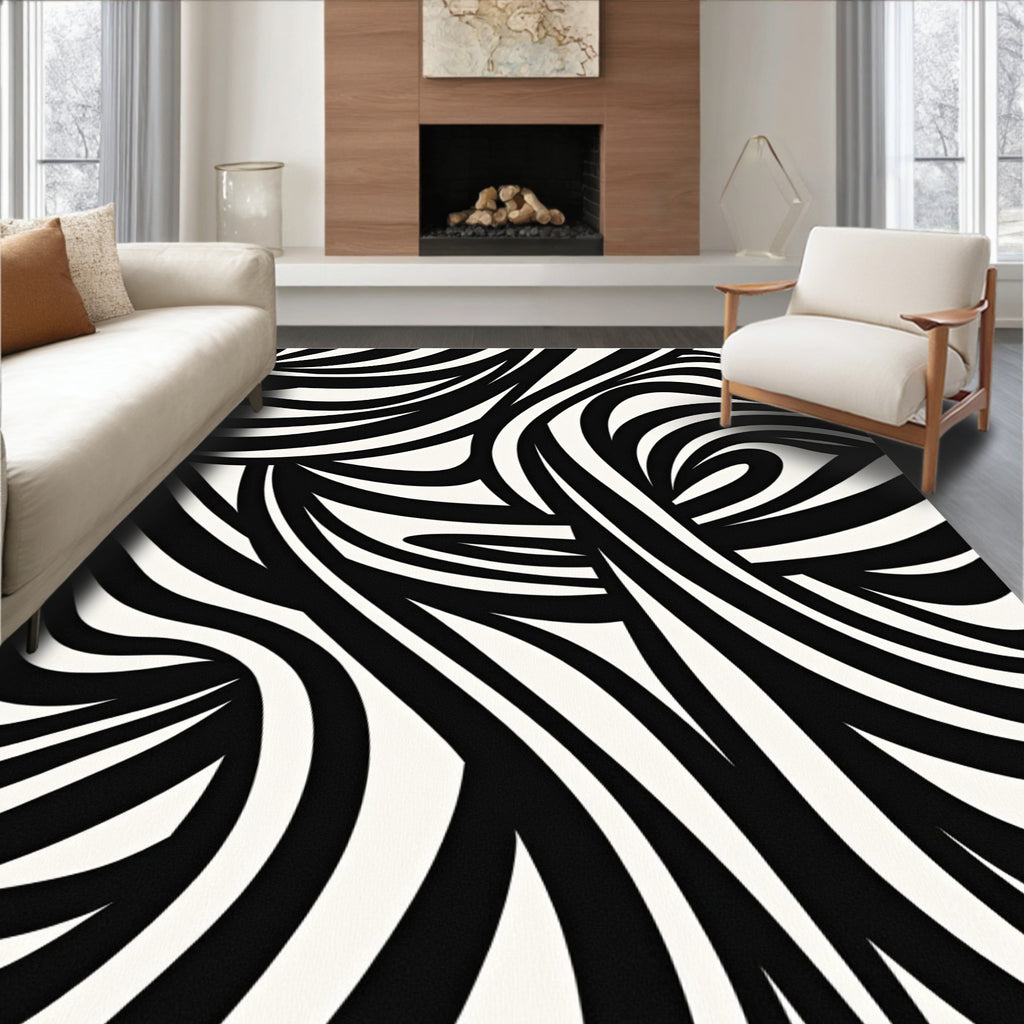 Wavy Black White Abstract Pattern Rug
