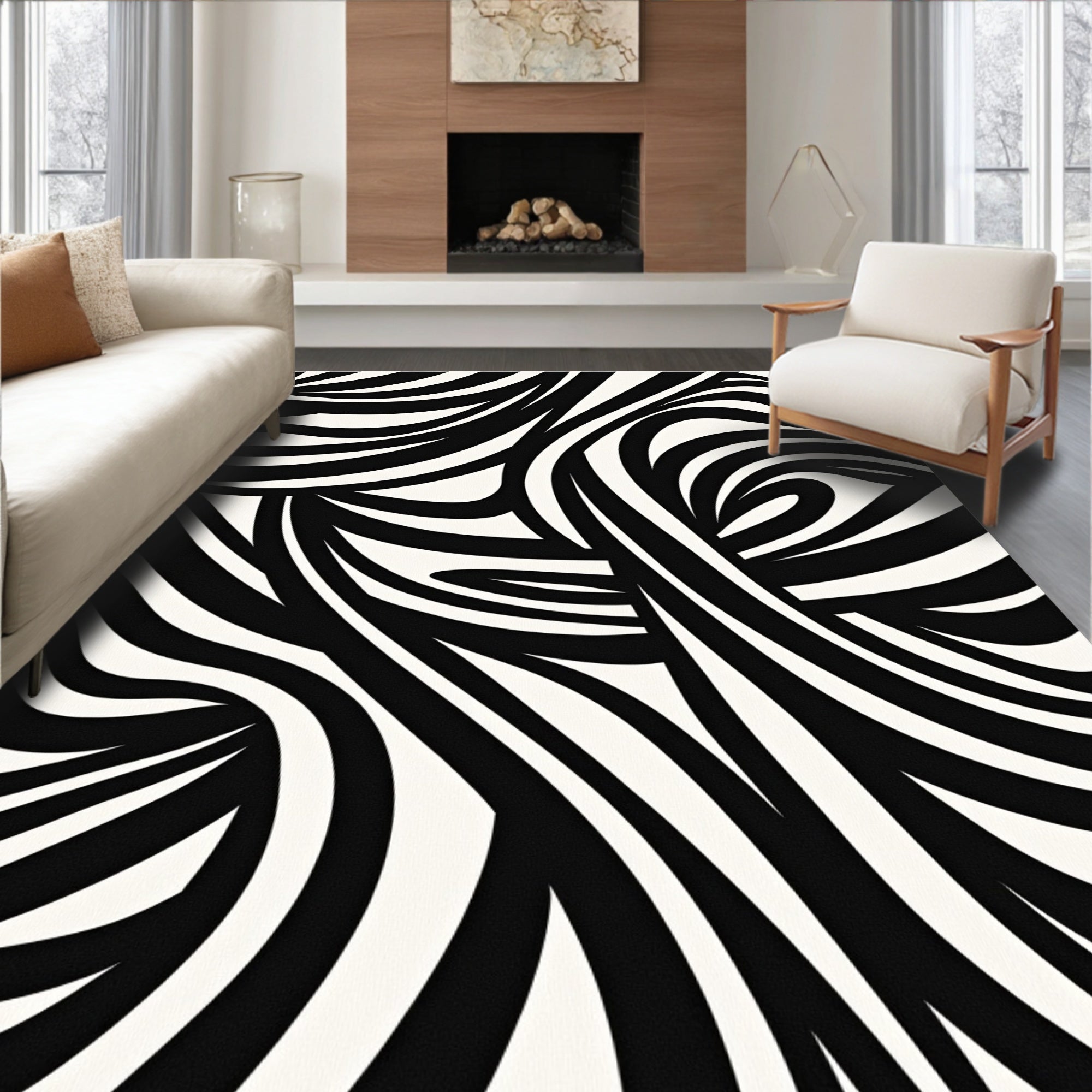 Wavy Black White Abstract Pattern Rug