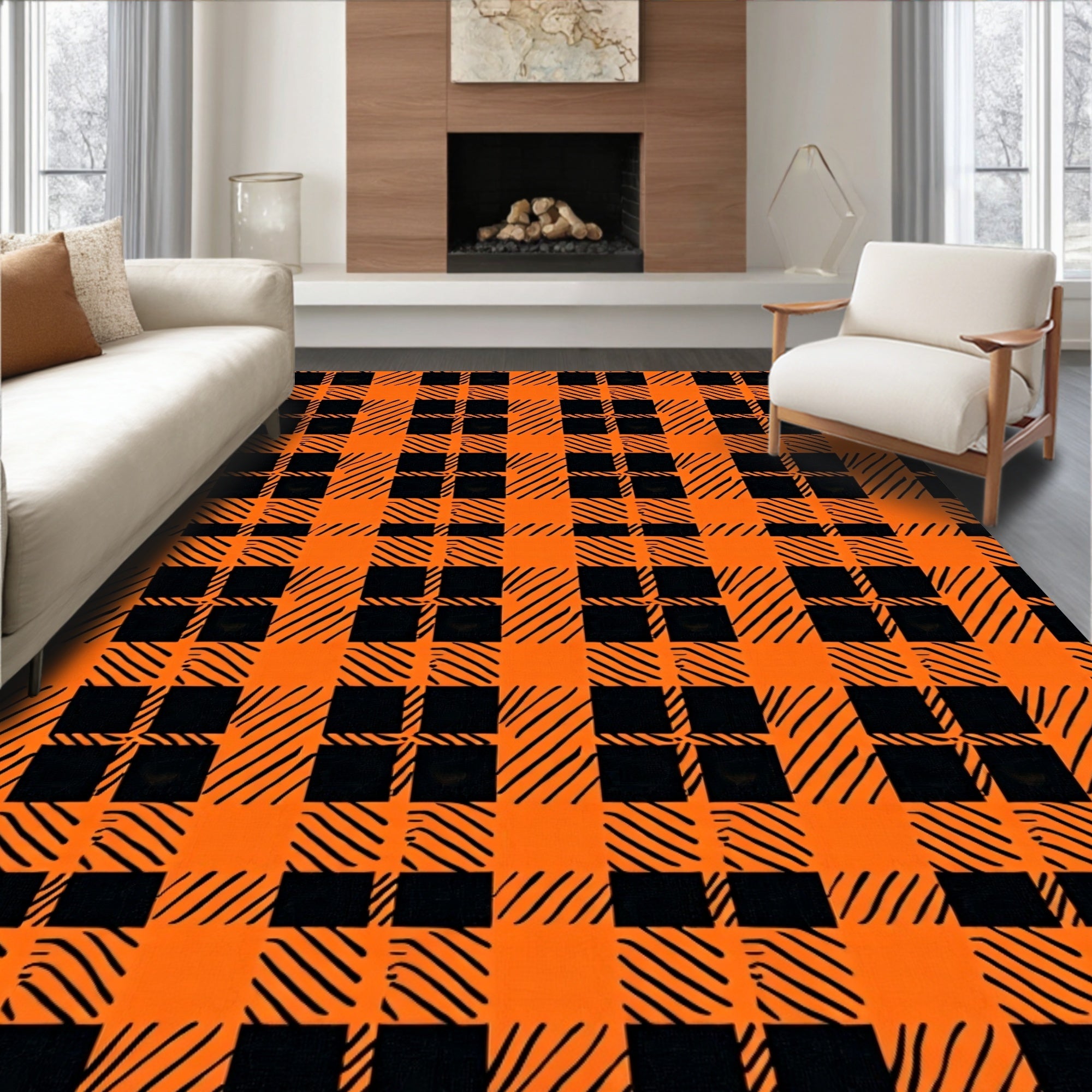 Orange Black Plaid Pattern Rug