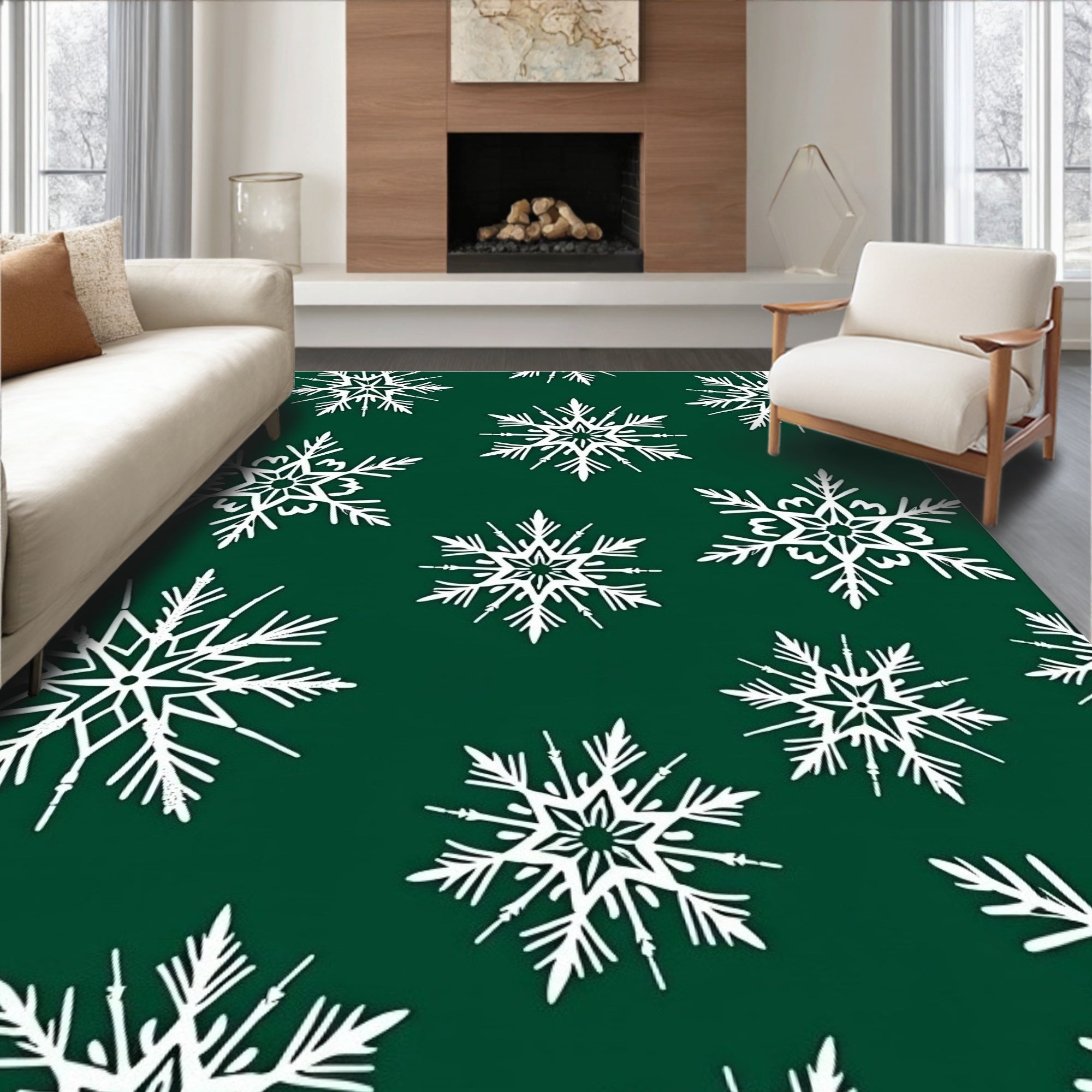 White Snowflake Pattern On Green Rug