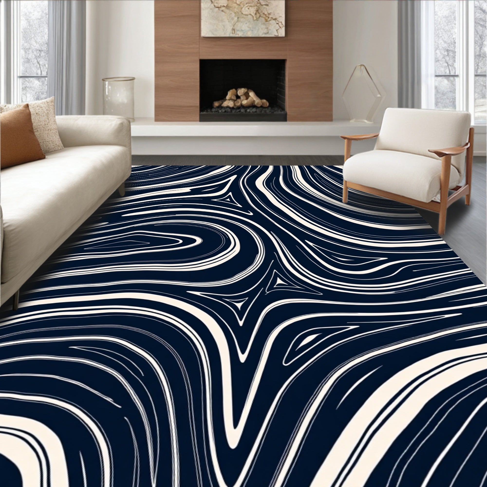 Dark Blue Cream Abstract Swirl Pattern Rug