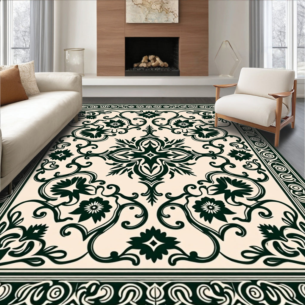 Ornate Dark Floral Scrollwork Pattern Rug