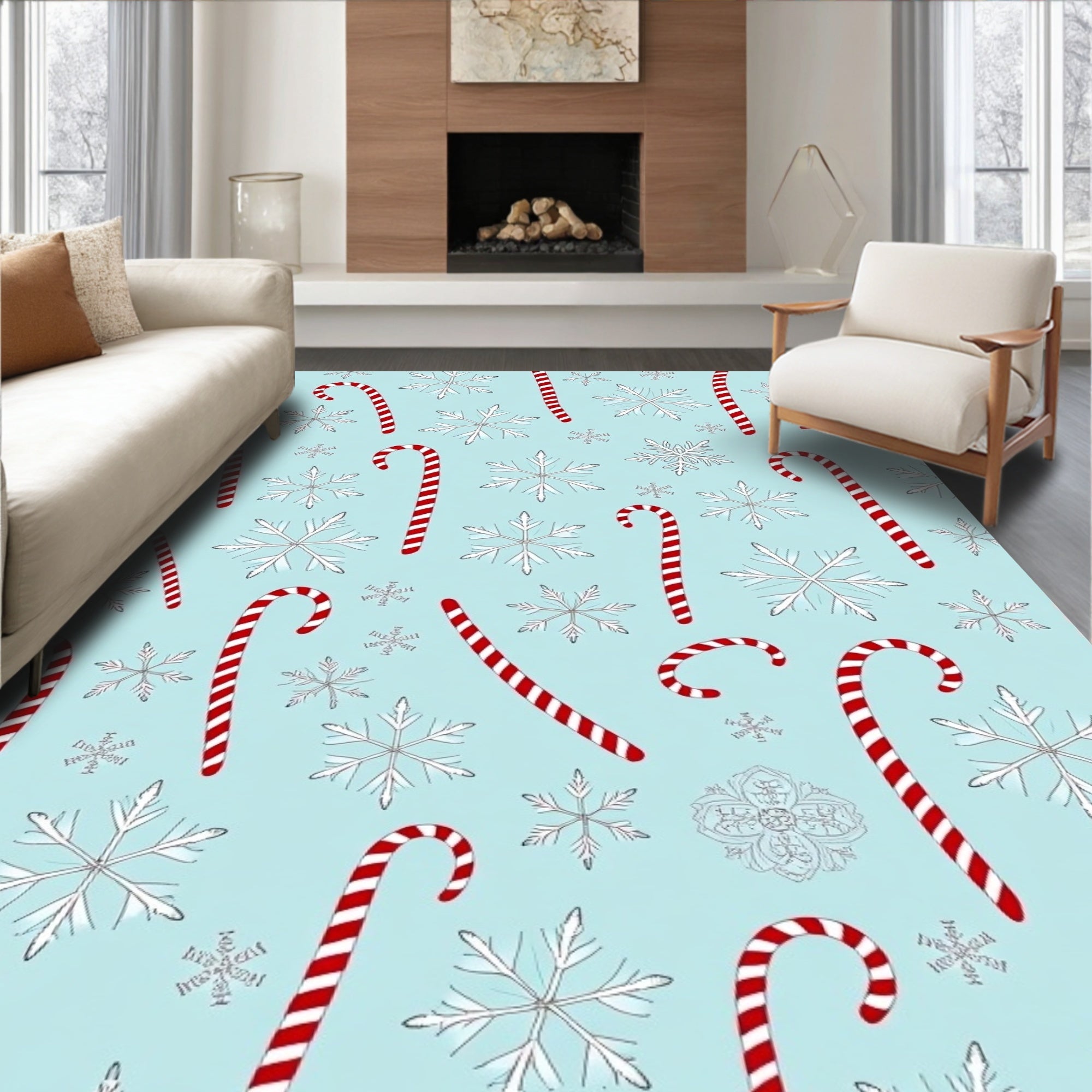 Red Stripe Candy Cane Snowflakes Rug